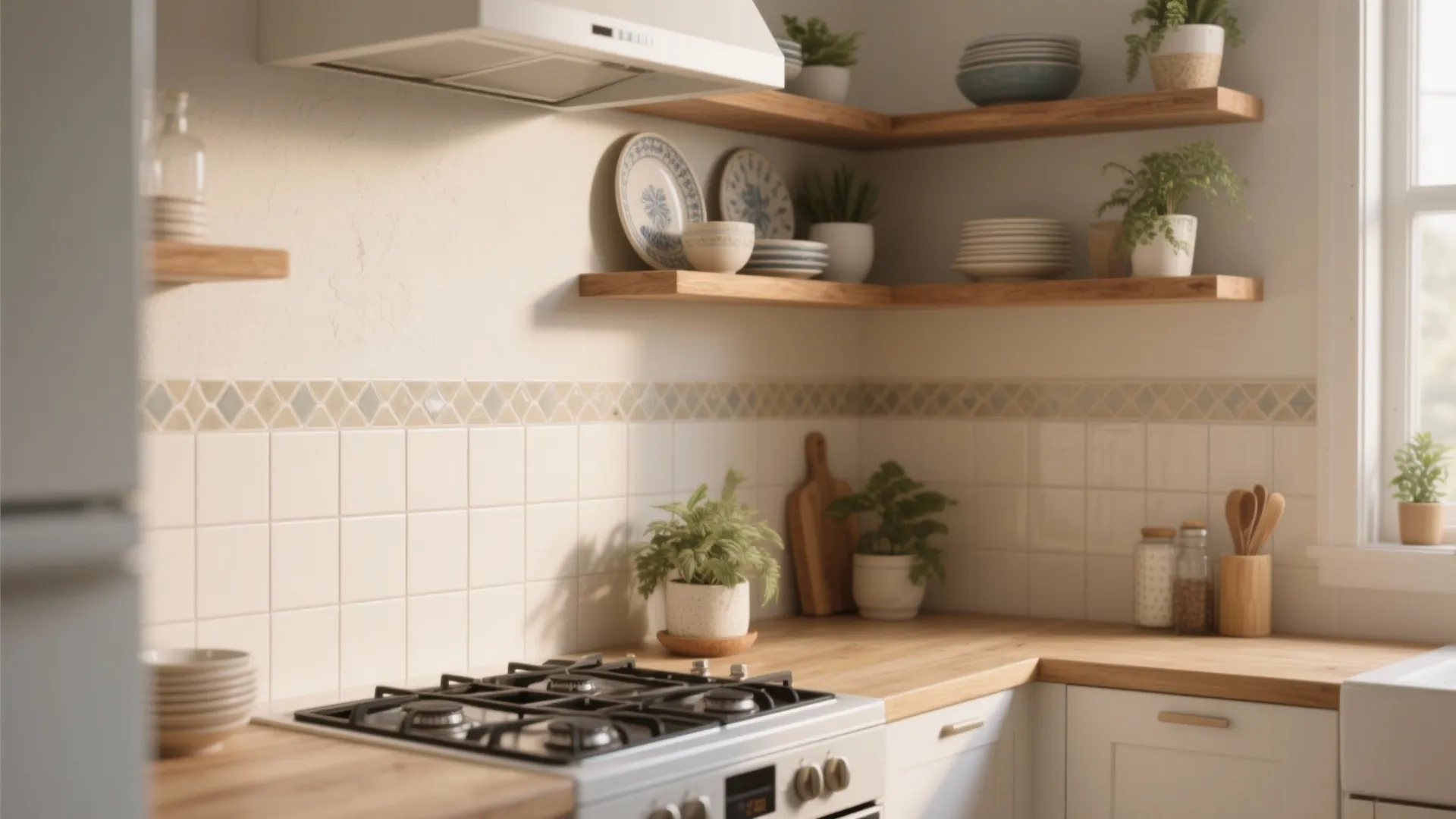 Open Shelves + Accent Tile Strip — Designer Look, Lower Cost