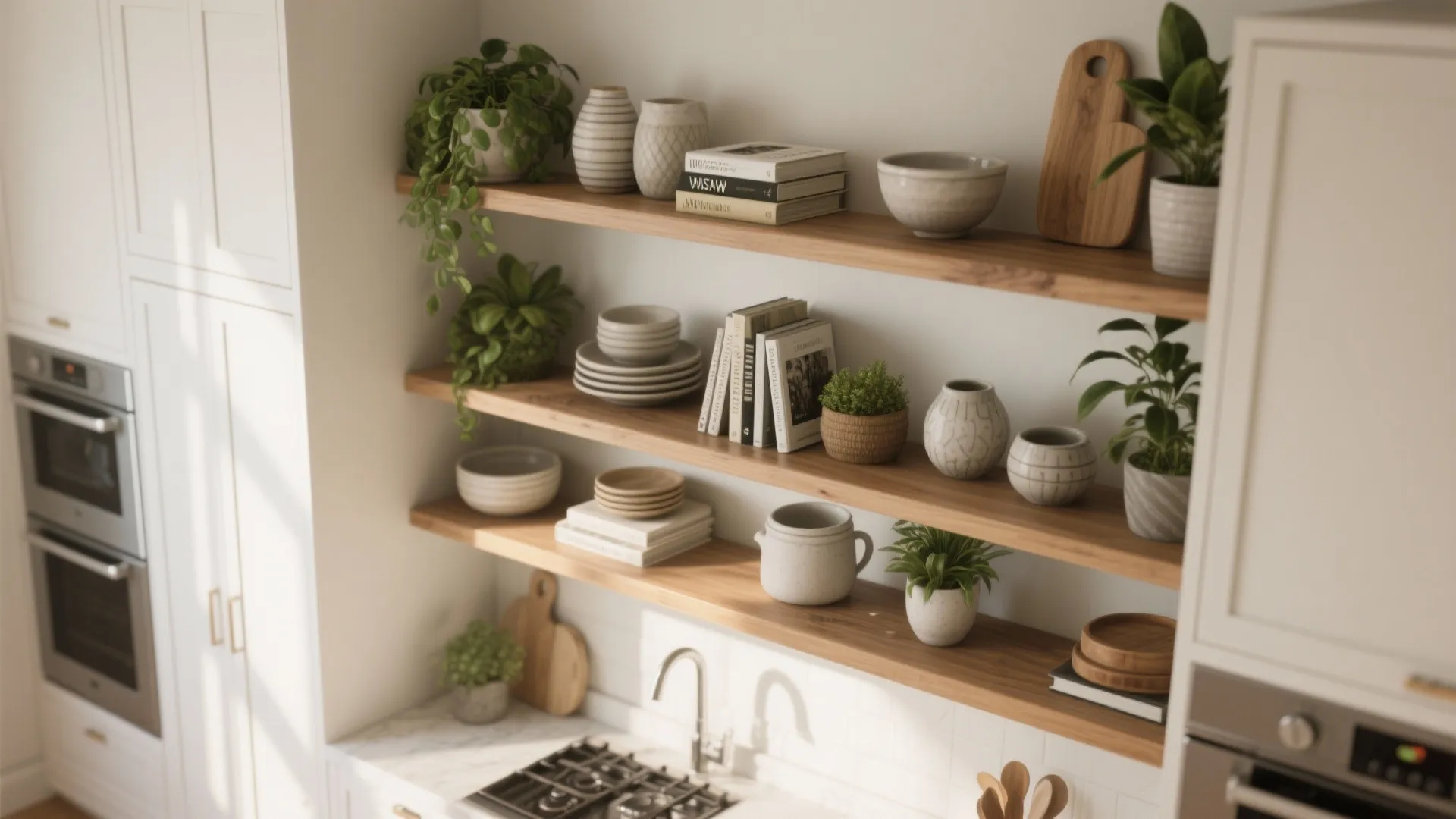 Integrated white oak open shelves styled with plants and ceramics