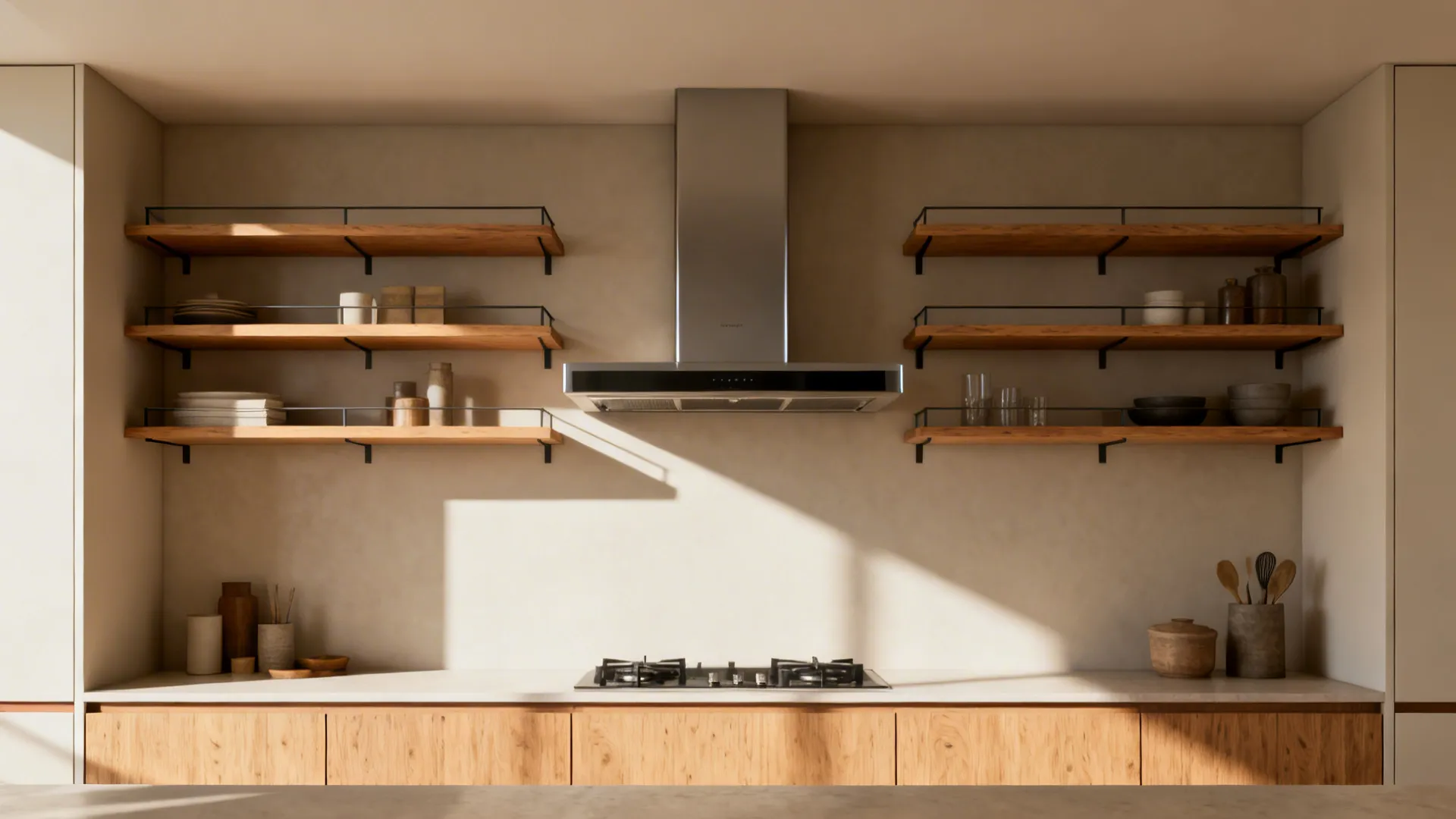 Kitchen elevation with symmetrical open shelves framing the range hood and minimal curated items.