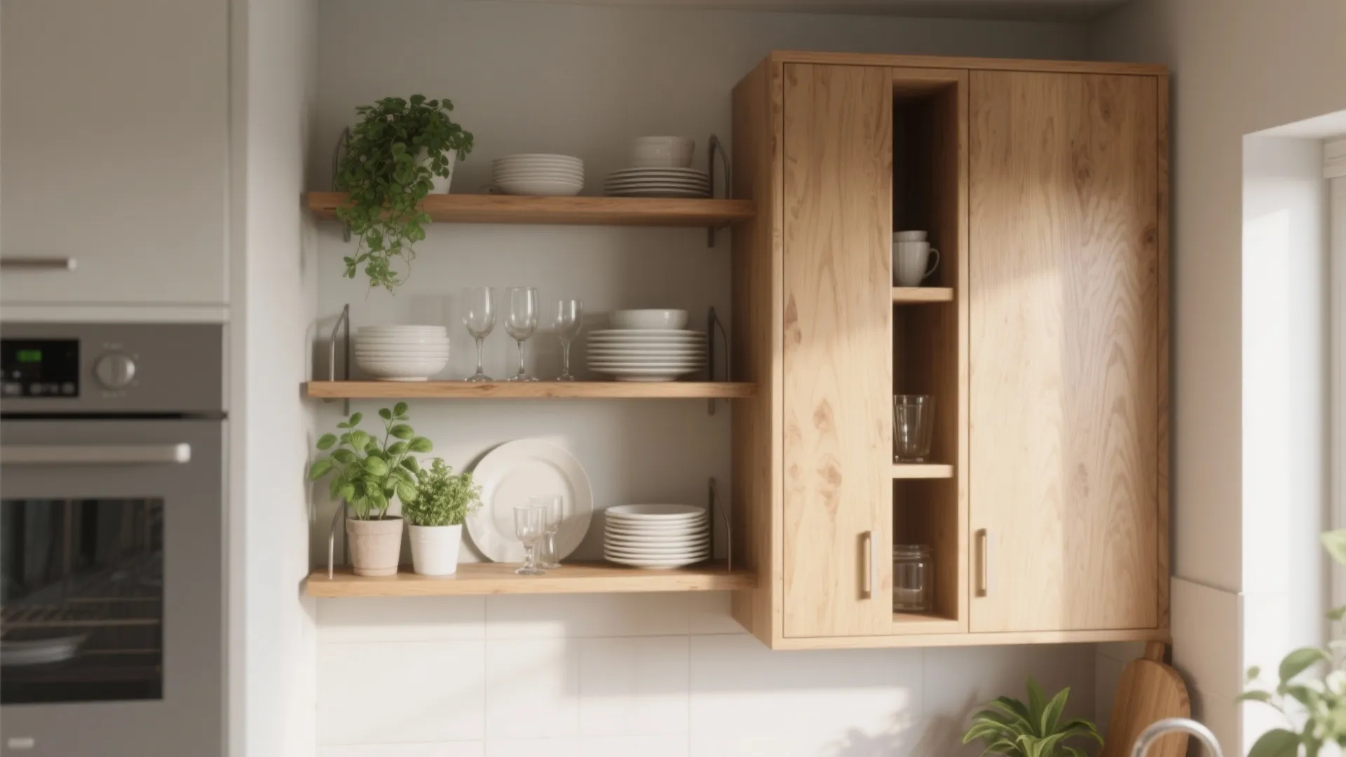 1. Open shelves + tall narrow cabinets