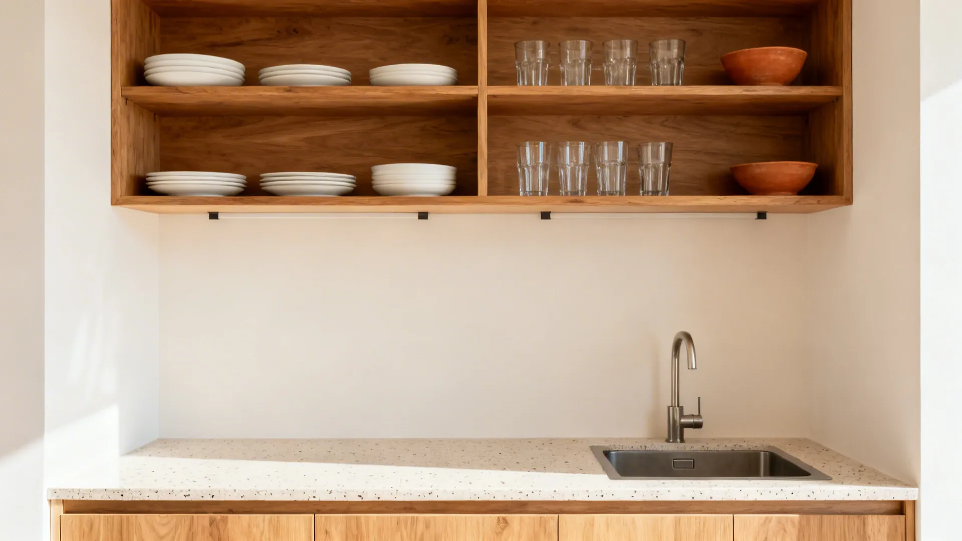 Two rows of oak open shelves with white dishes and clear glasses in a bright micro-kitchen.