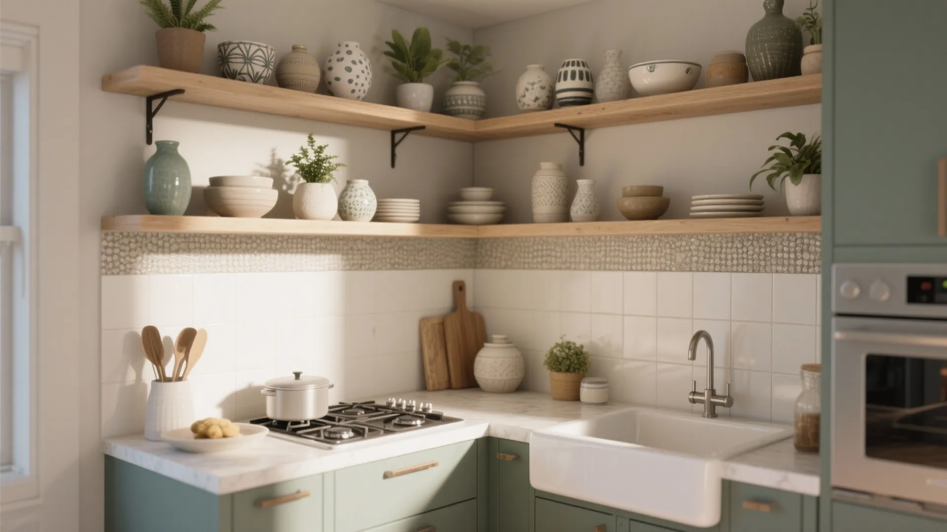 5. Open Shelves with a Subtle Tile Accent