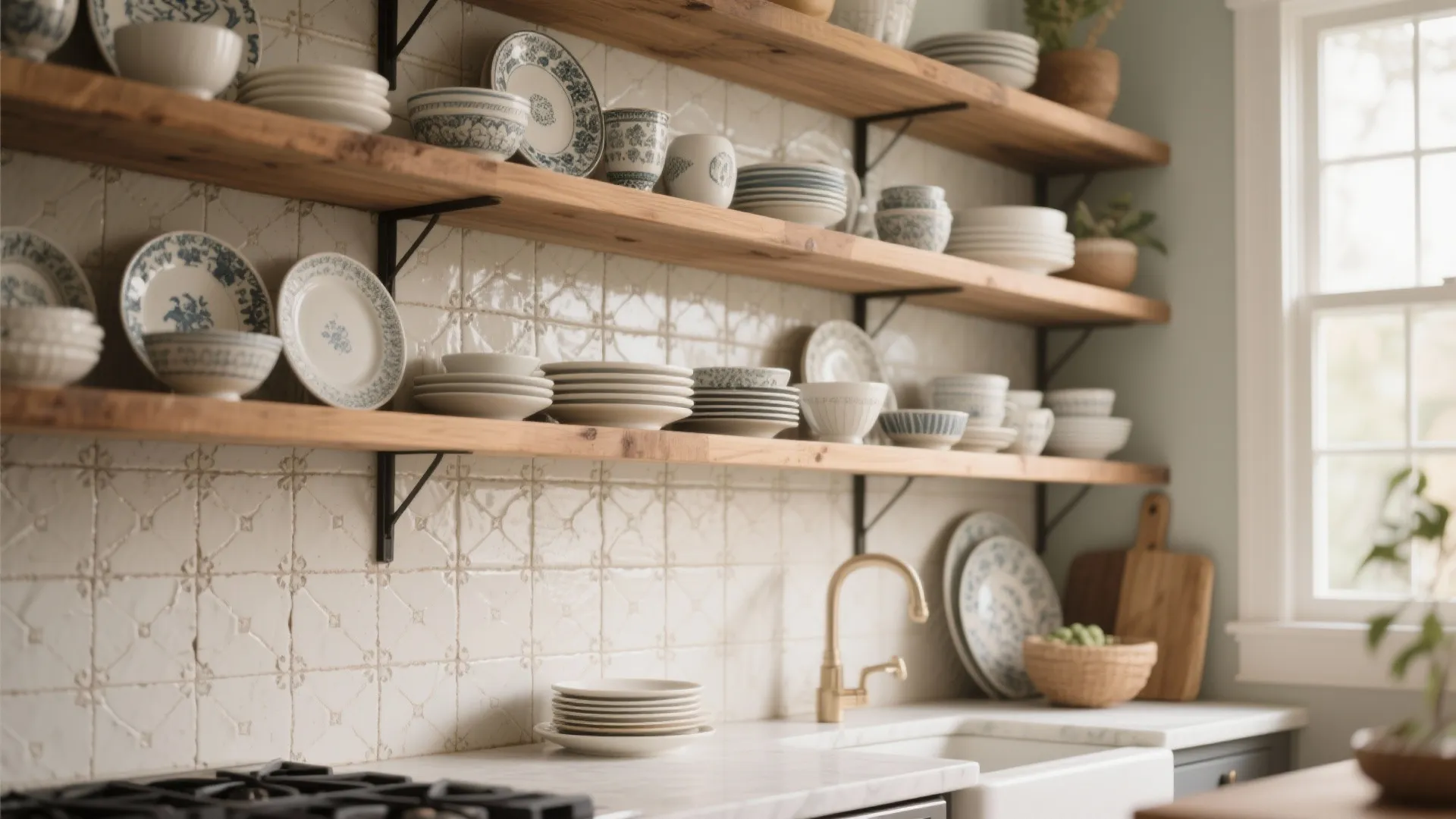 6. Open Shelving with Tile Backdrop