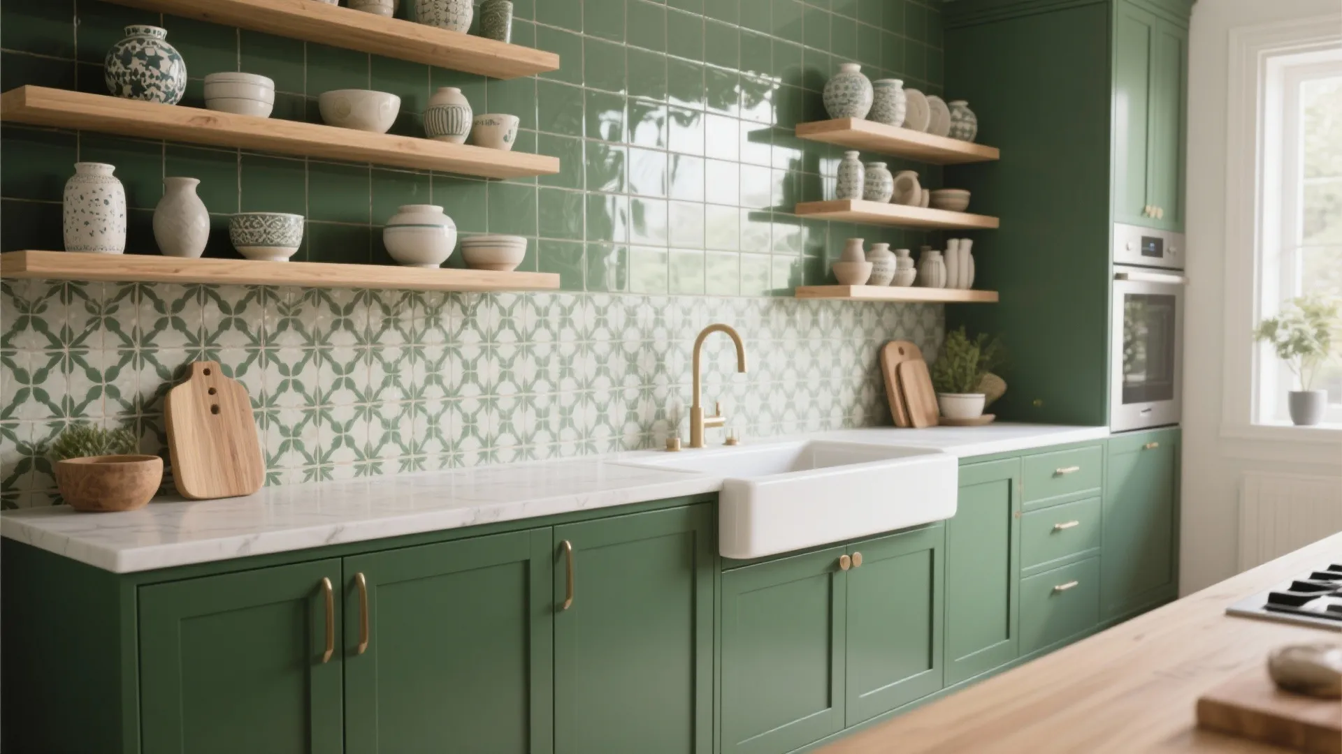 5. Open shelving and accent tiles to break the depth