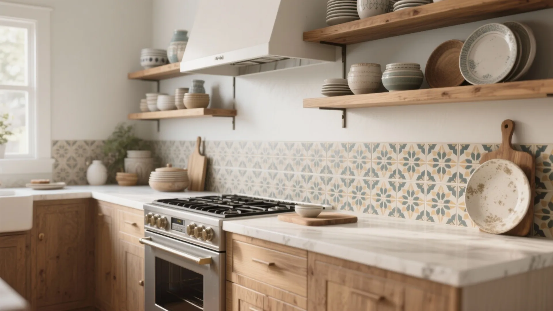 5. Open shelving + statement wall tiles