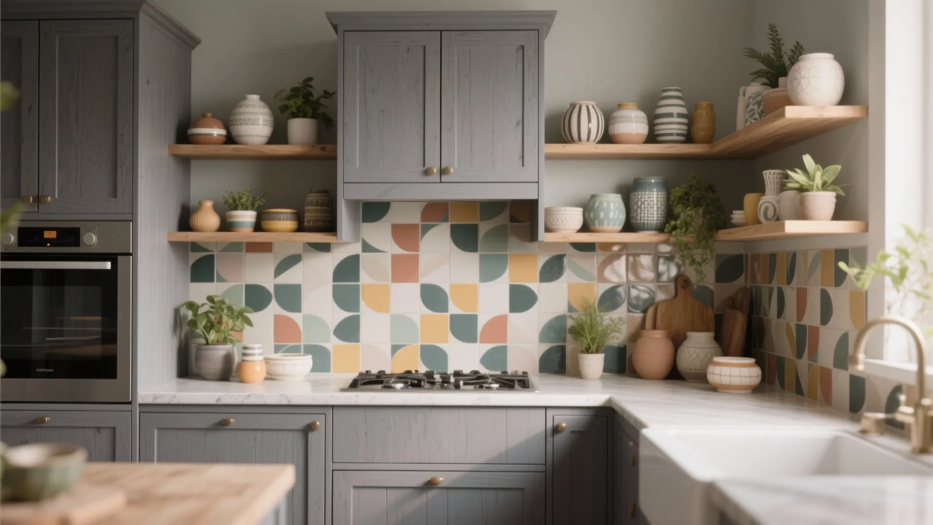 5. Grey Wood Cabinets with Open Shelving and Accent Tiles