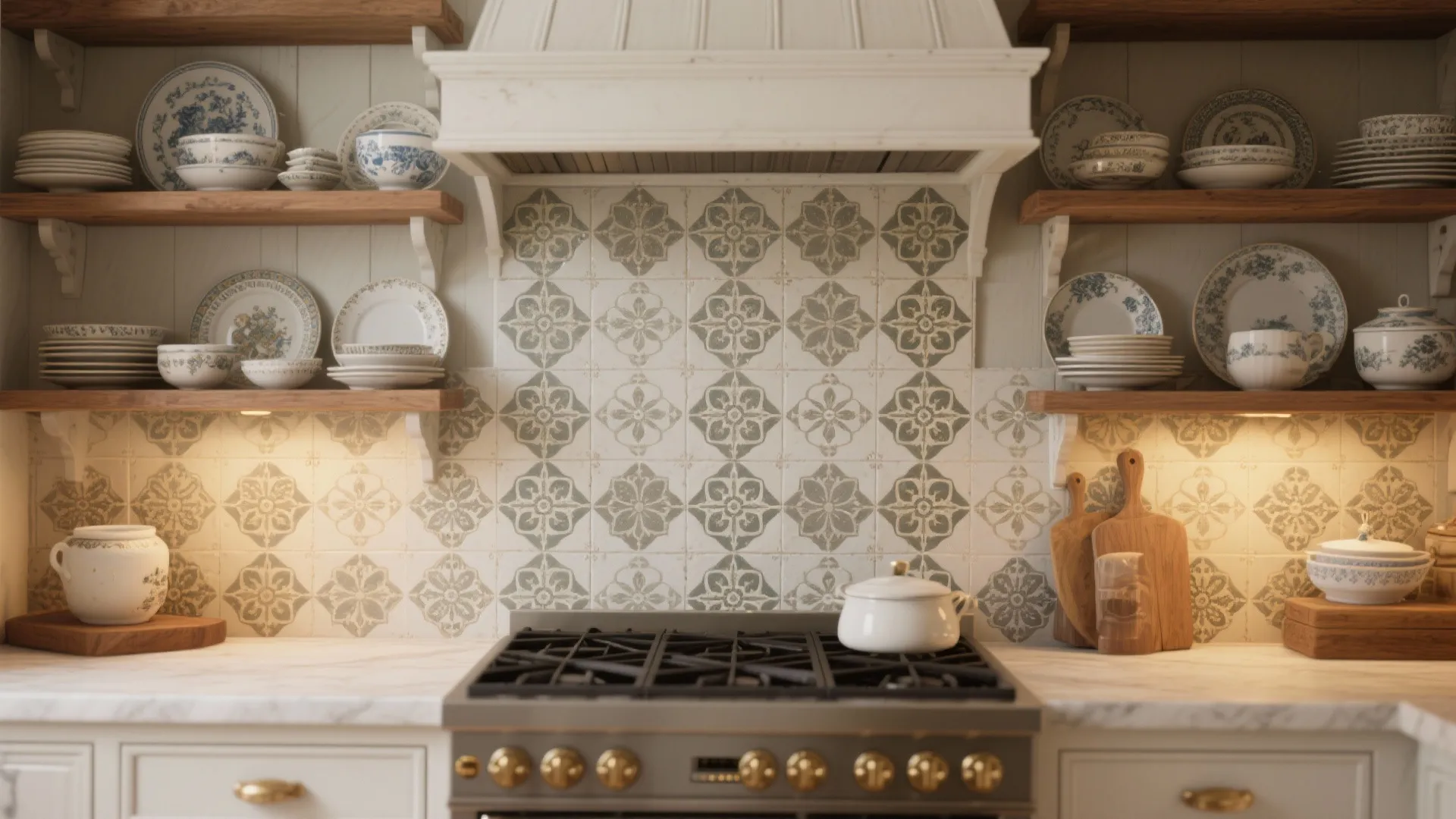 4. Integrate open shelving and vintage tiles