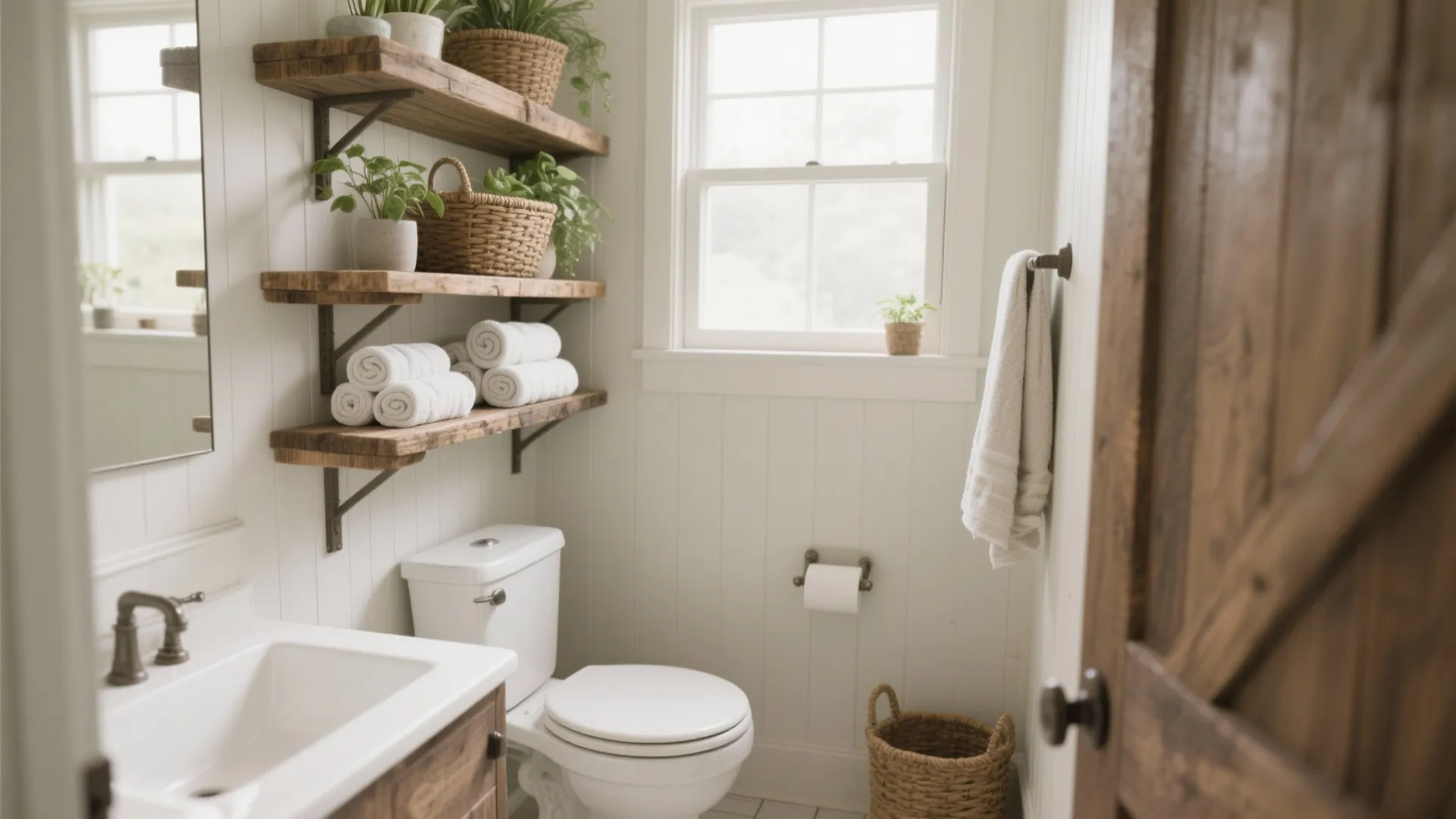 Small bathroom with white toilet wooden open shelves plants towels sink window and a basket