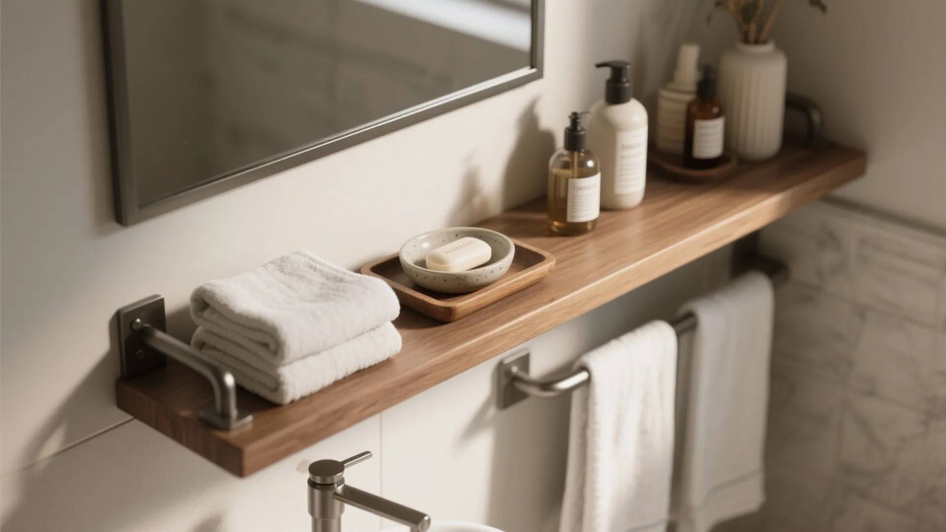 Wooden wall shelf holding folded white towels soap on tray and bottles in a bathroom