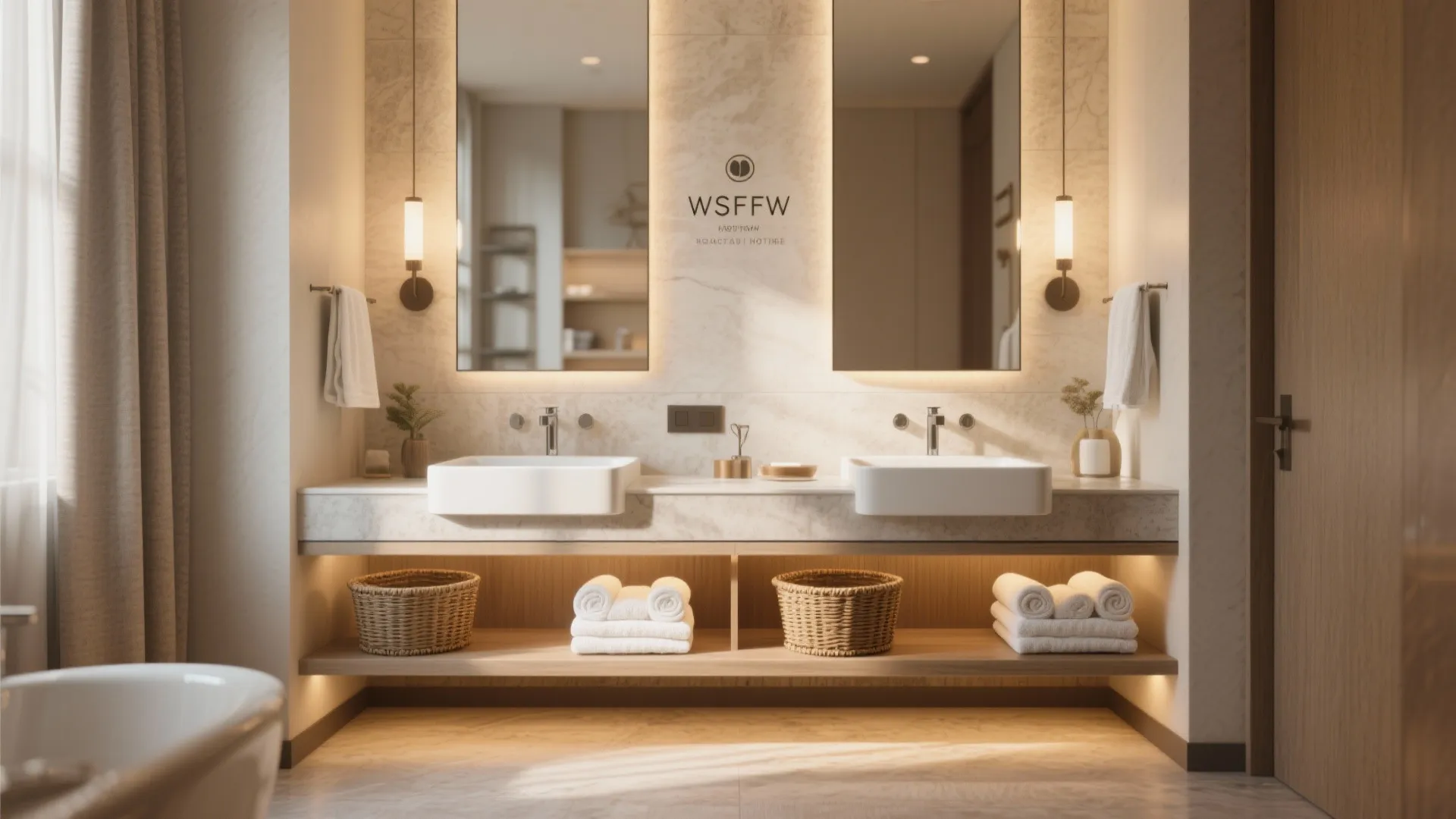 5. Double Vanity with Open Shelves