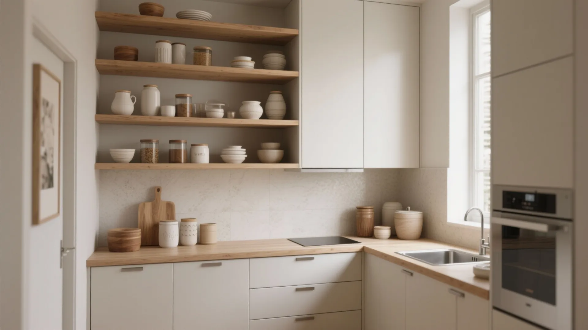 2. Open shelving and vertical storage to free floor space