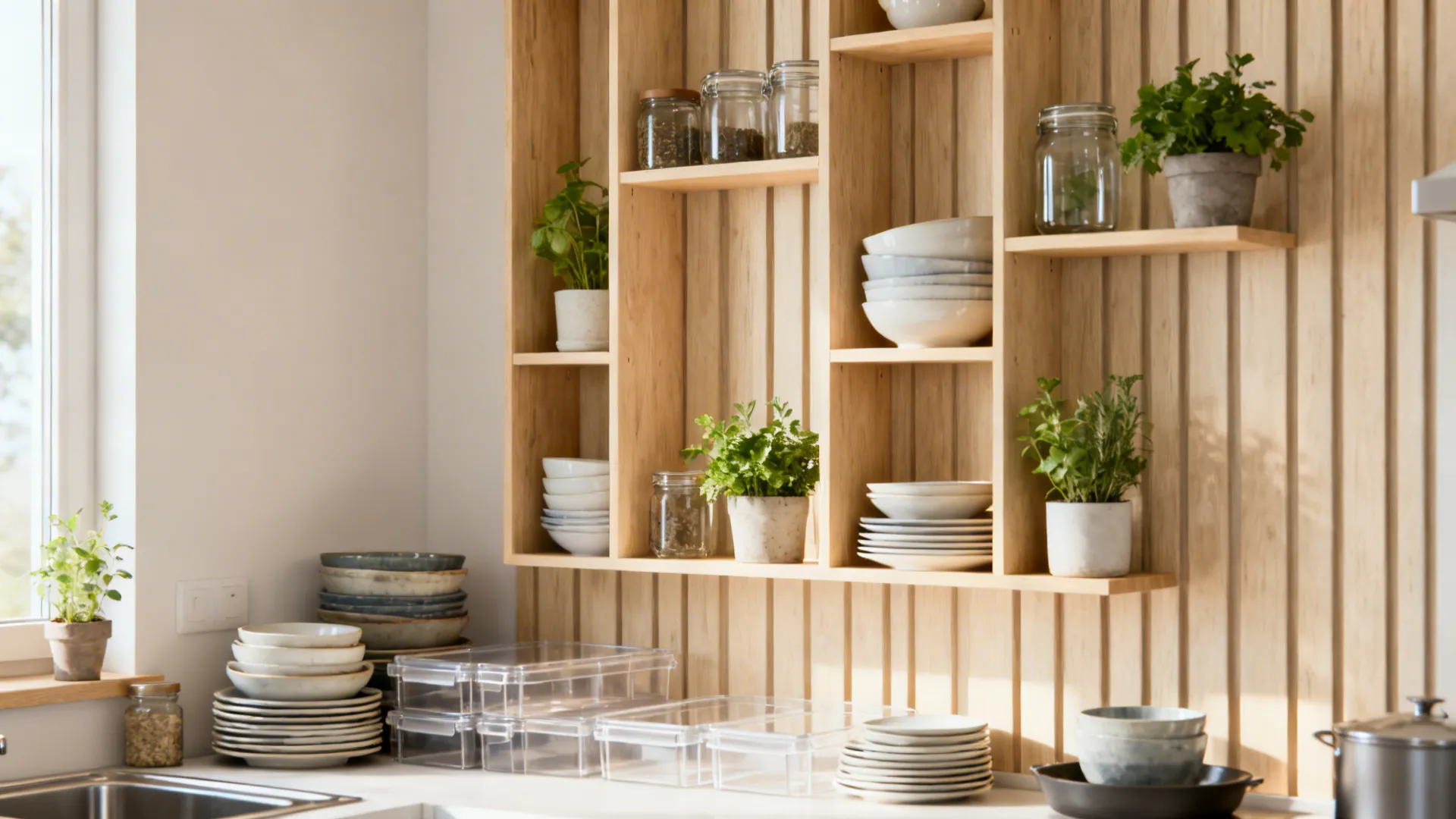 Open wooden shelves in a small kitchen holding dishes and plants to draw the eye upward