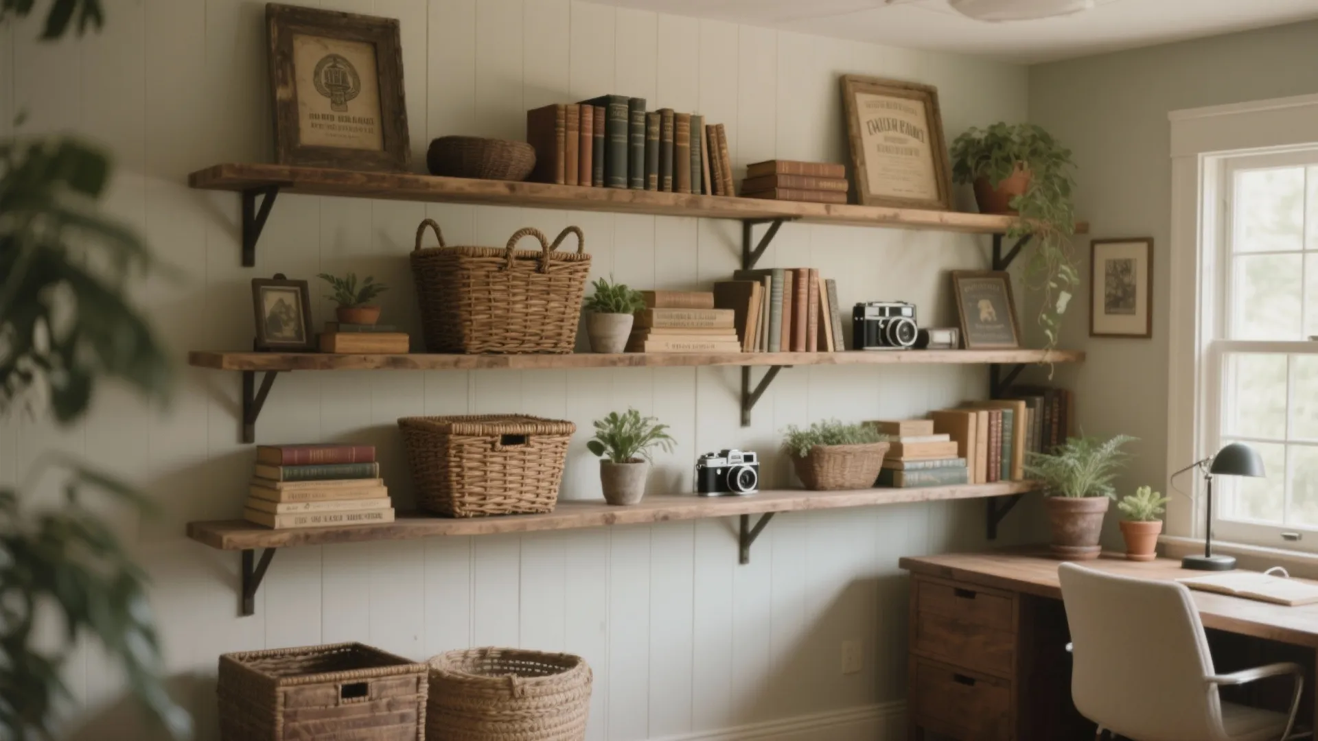 Three long wooden wall shelves holding books baskets and small plants next to a desk