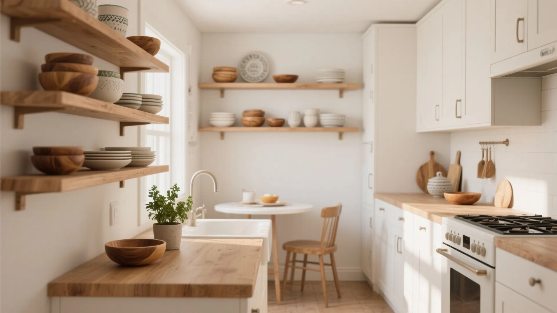 2) Open Shelving with Warm Accents