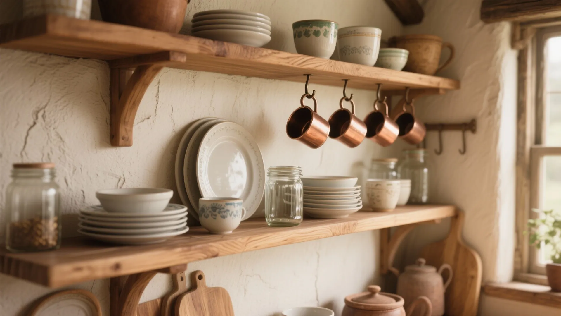 1. Open Shelving with Warm Wood