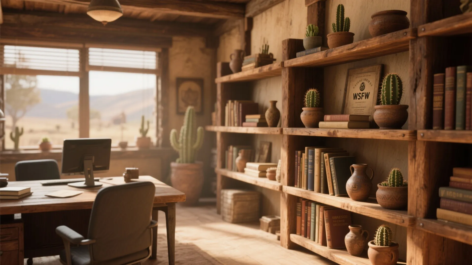 Rustic wooden open shelves with books small cactus plants and pottery next to a desk