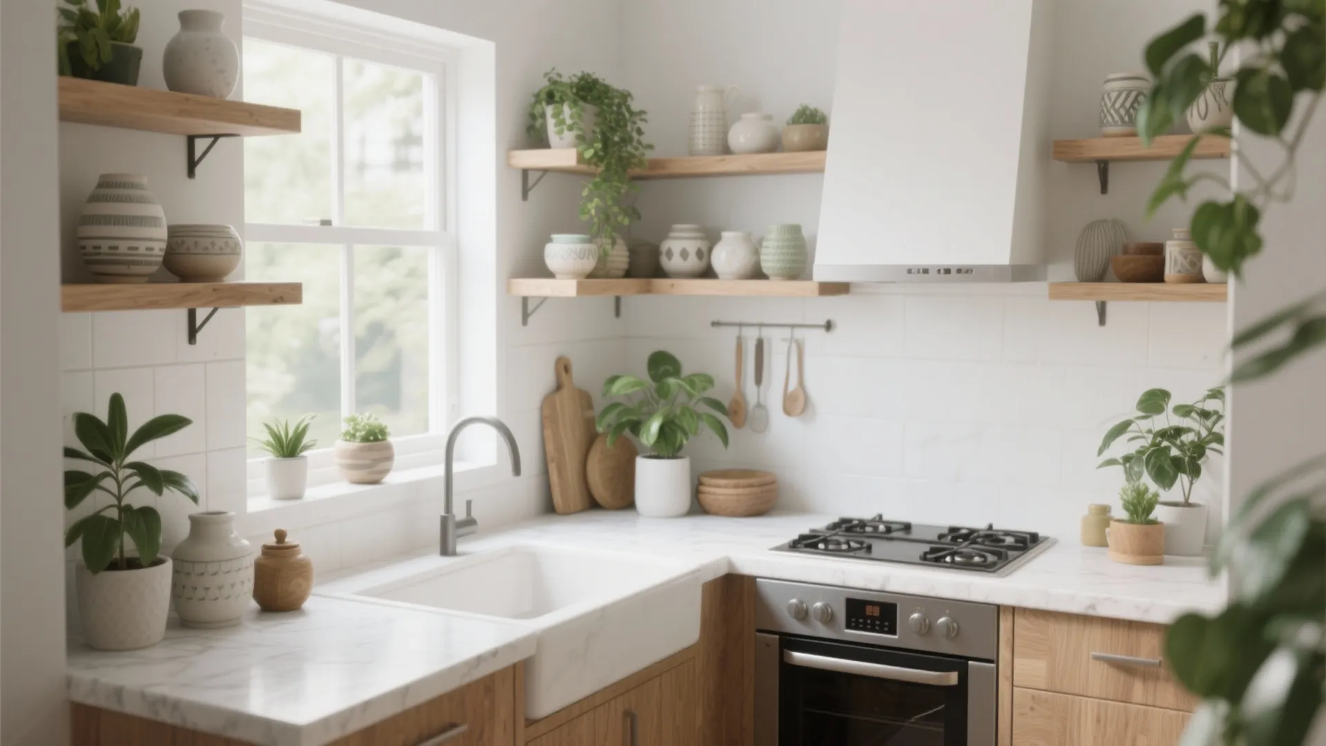 6. Open Shelving with White Counters