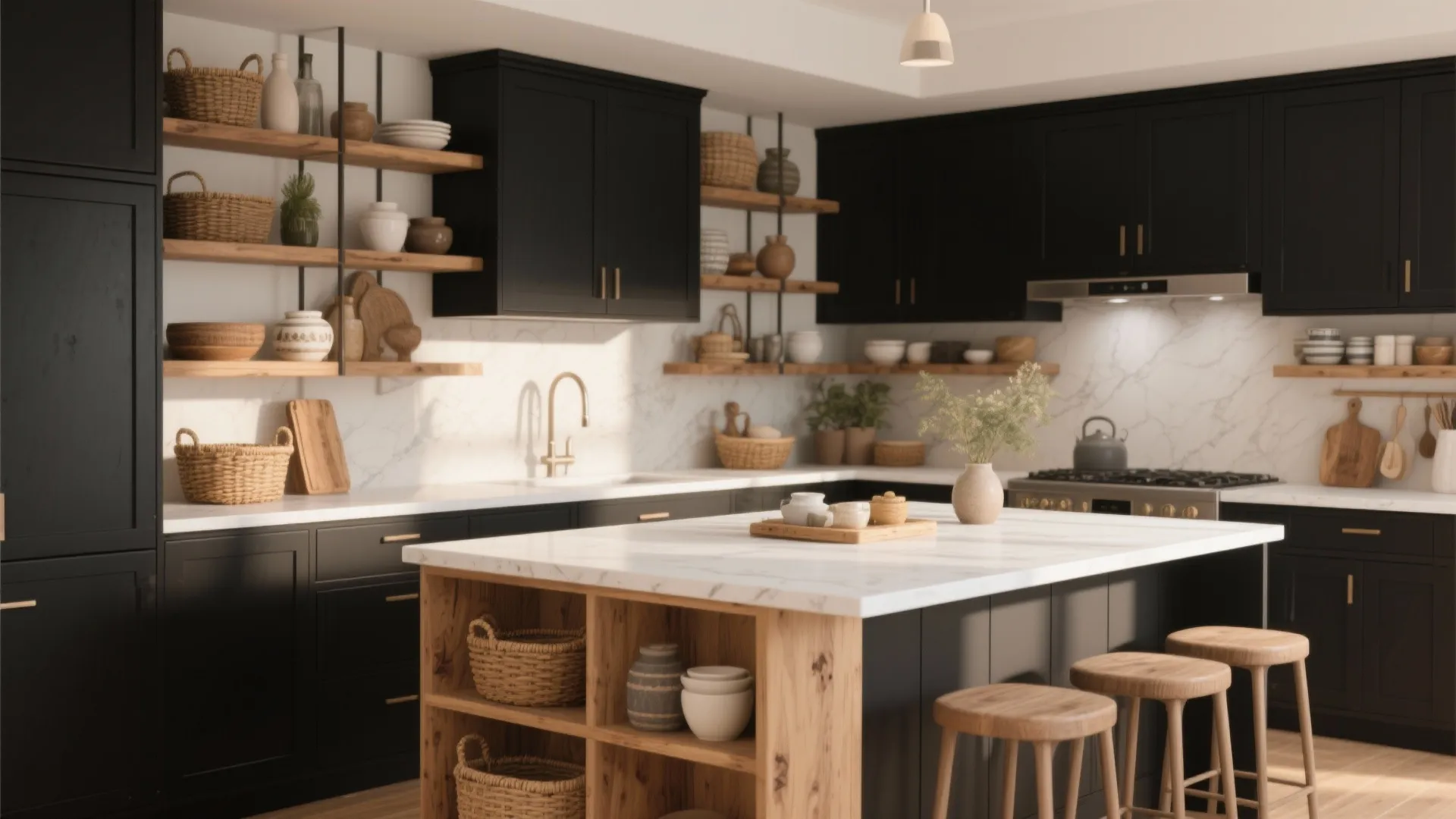 Modern black kitchen with white marble island wooden open shelves woven baskets and gold water faucet