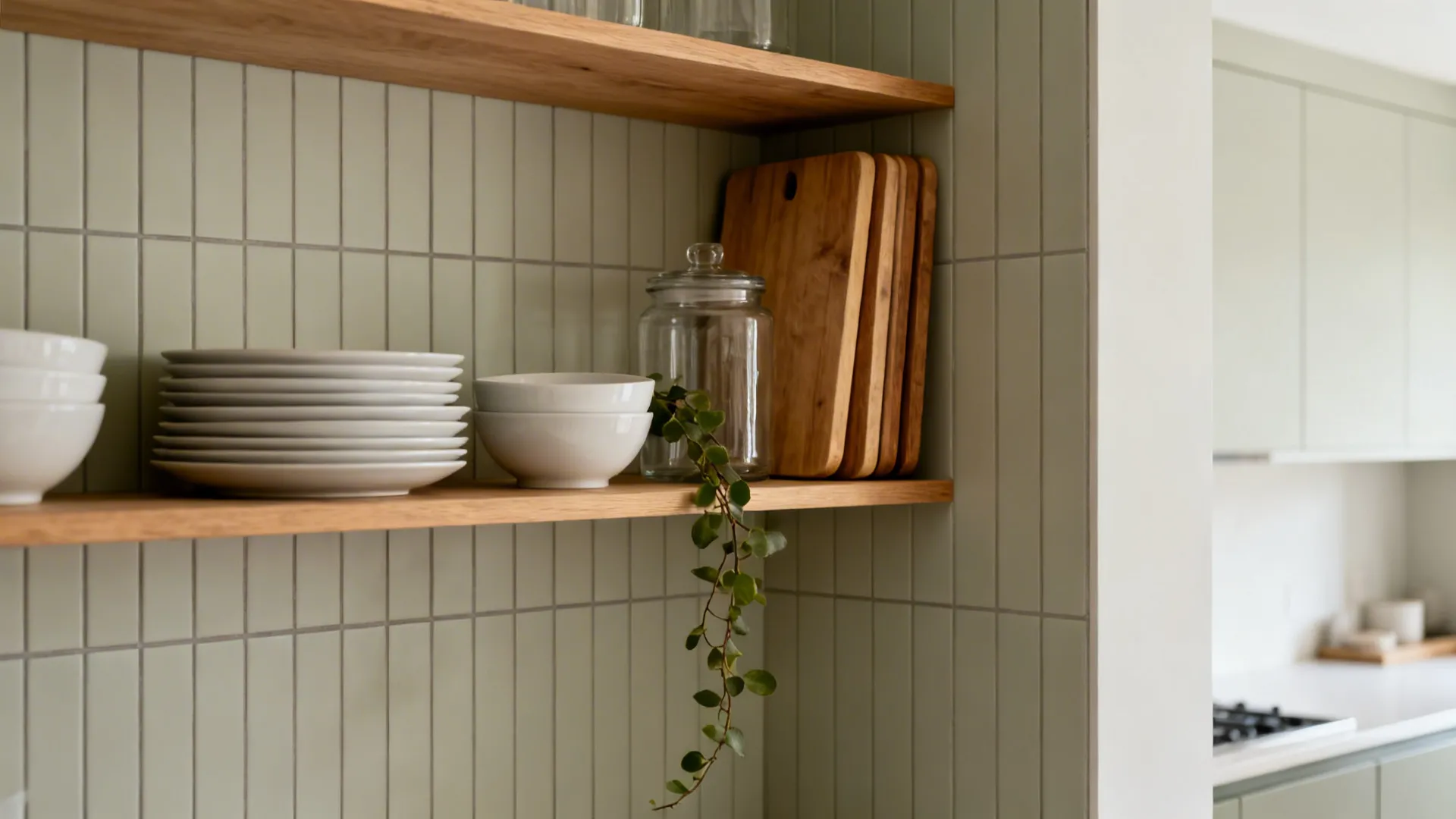 Two open wood shelves with whiteware, clear canisters, boards, and a trailing plant in a small kitchen.