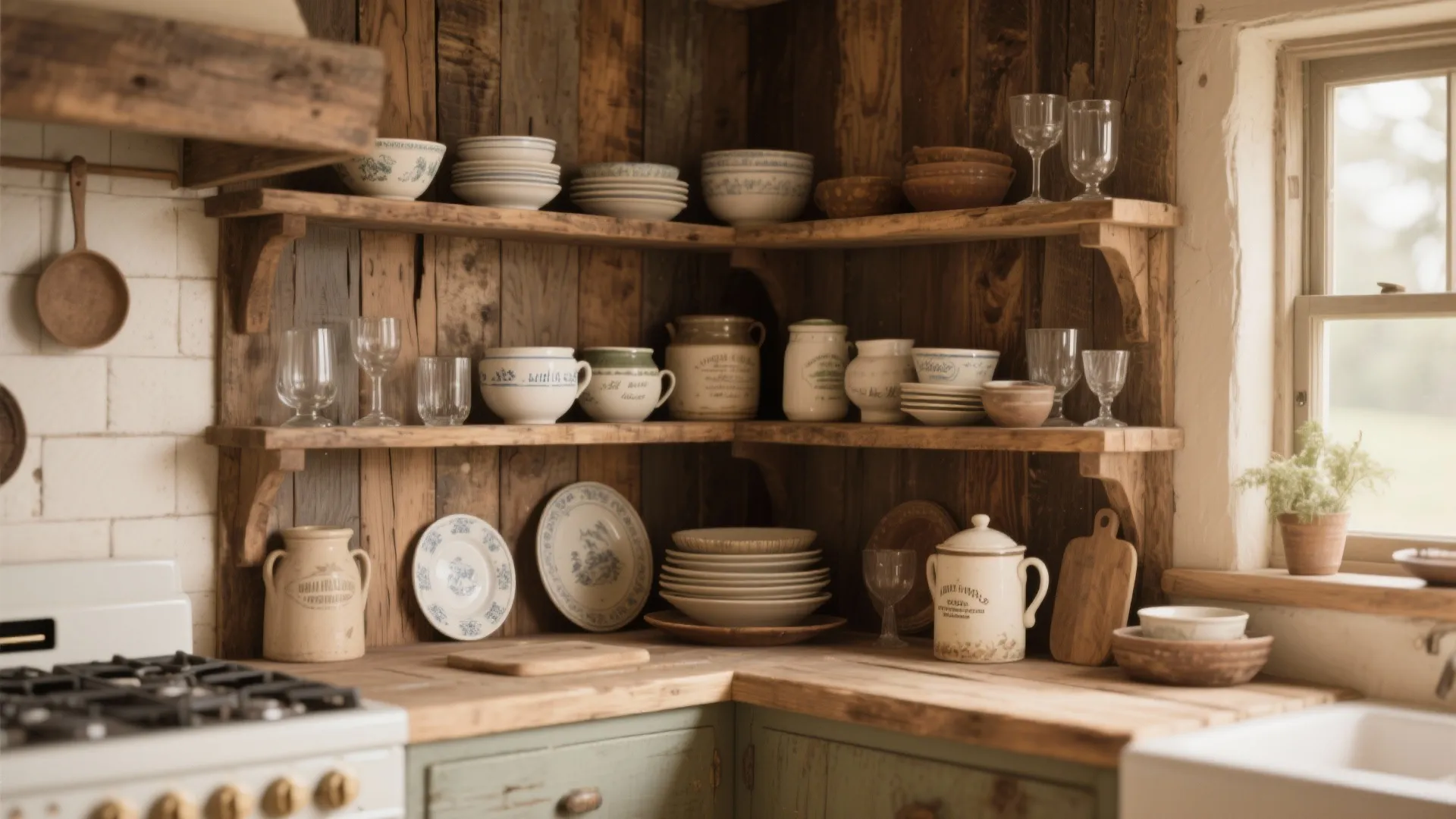 4. Open Shelving with Worn Wood