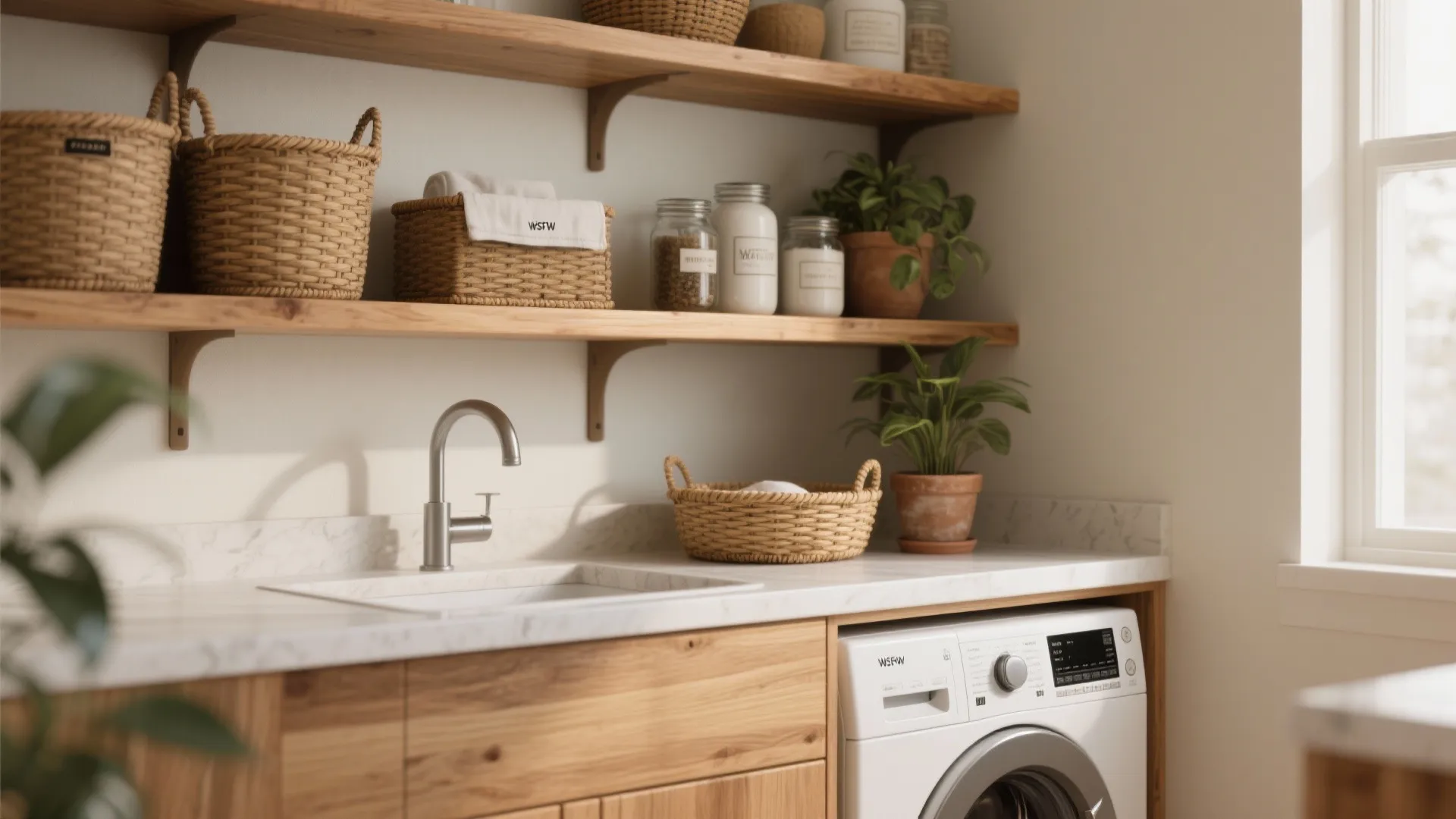 Open Shelving with Warm Wood Accents