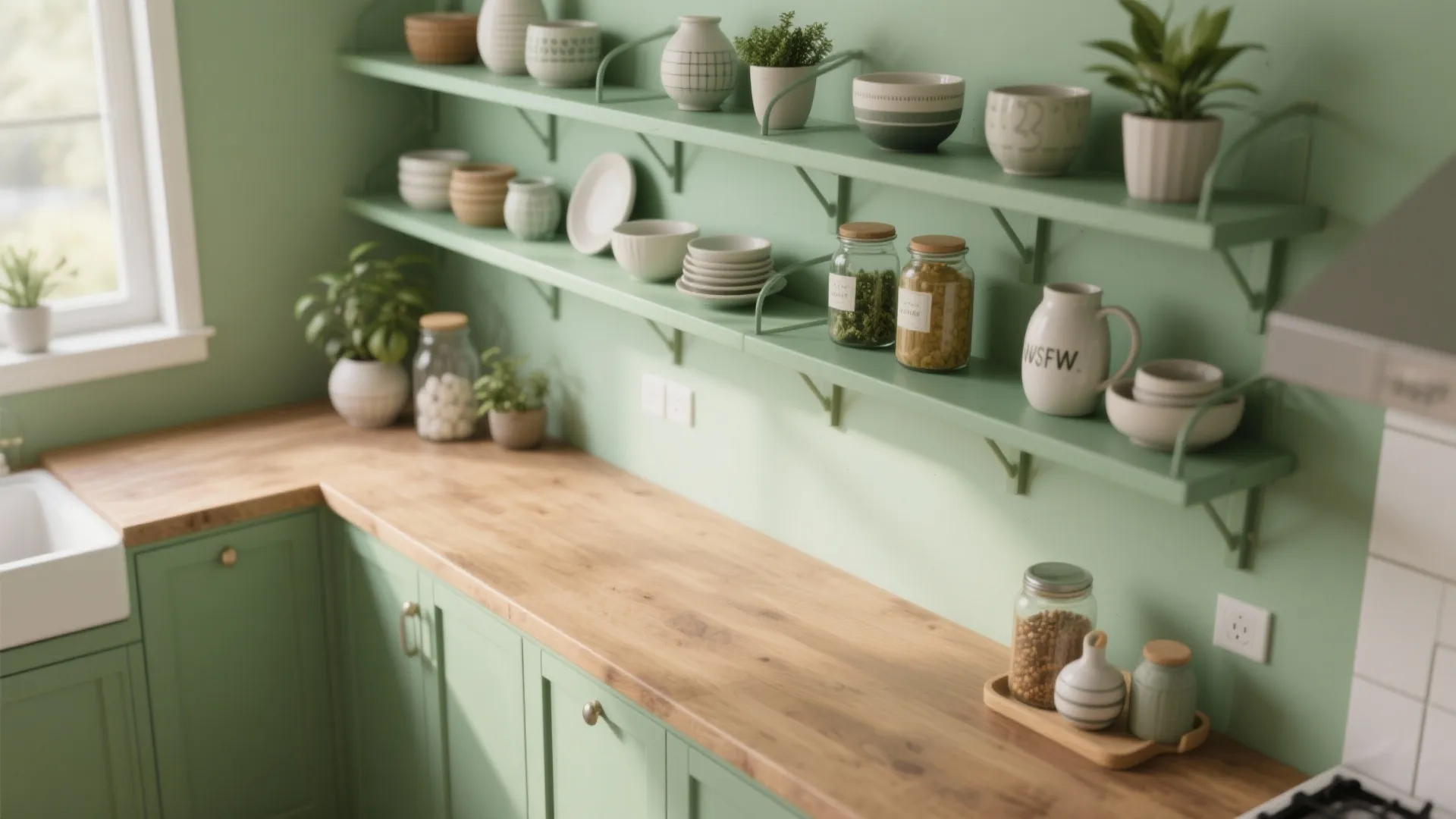 5. Painted Green Open Shelves + Narrow Wood Worktop