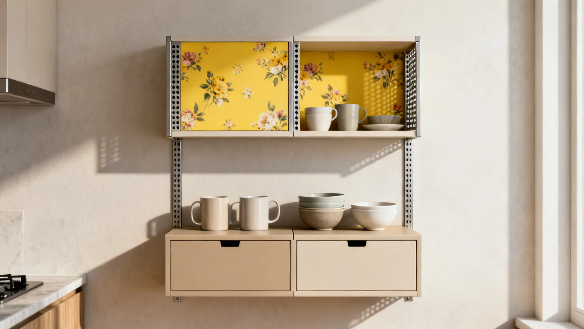 Open Shelving with Floral Yellow Back Panels