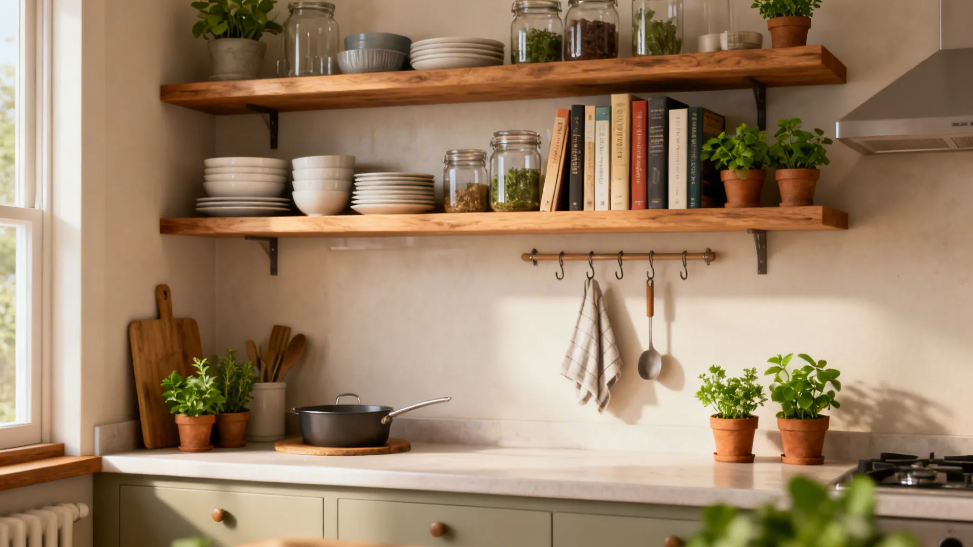 Open wooden shelves in a small kitchen with neatly arranged dishes and herbs on a clear counter.