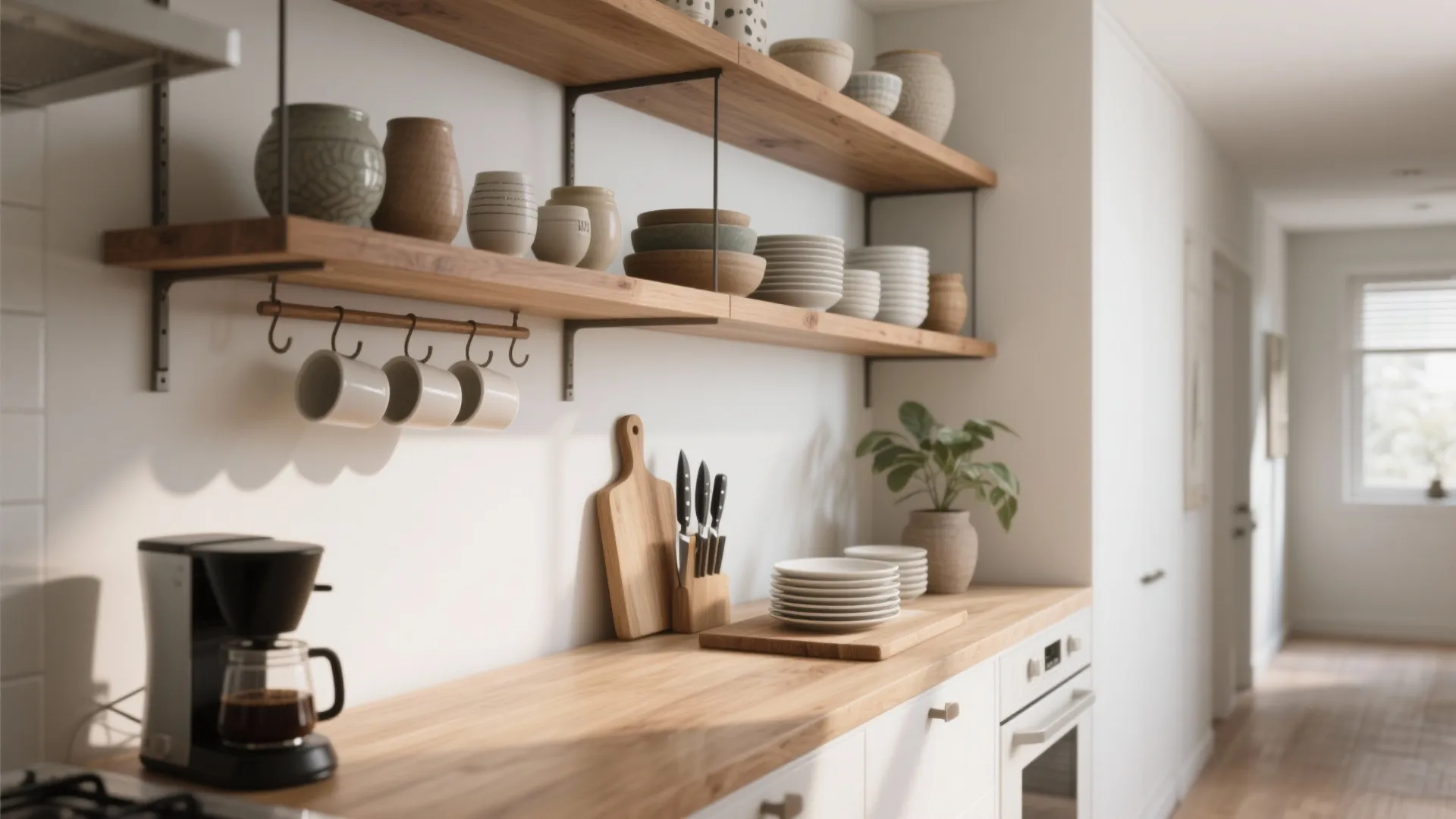 Wooden open shelves holding white dishes and ceramic bowls over a clean white kitchen counter