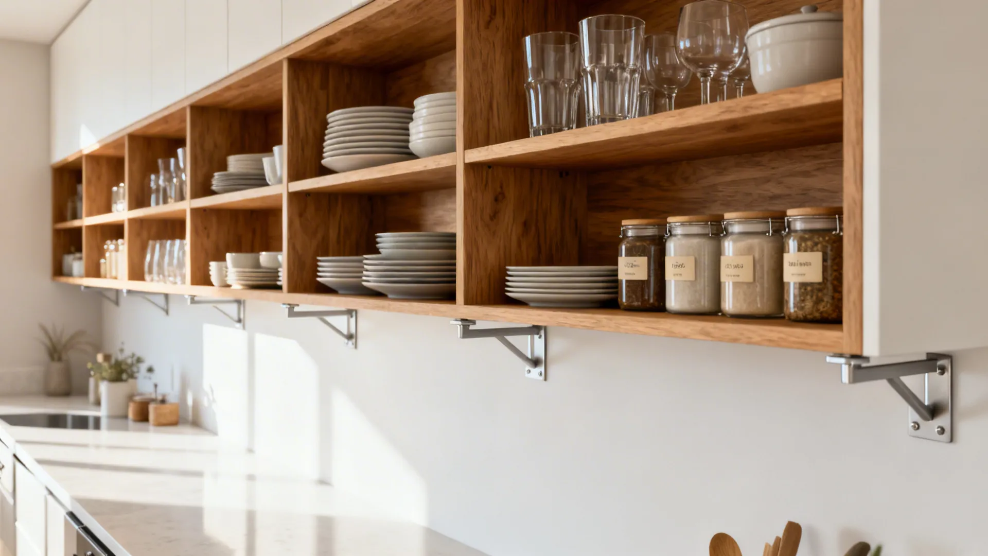Shallow oak open shelves in a small galley kitchen with organized zones and cohesive jars.