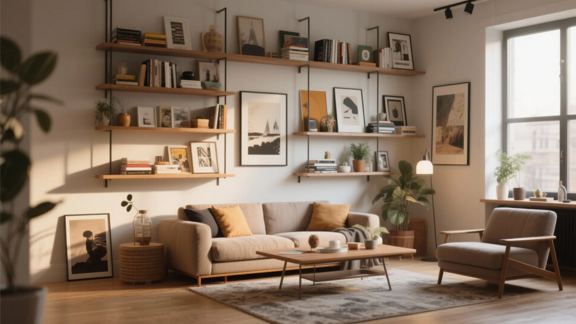 Bright living room with wooden wall shelves holding books and pictures above a beige sofa