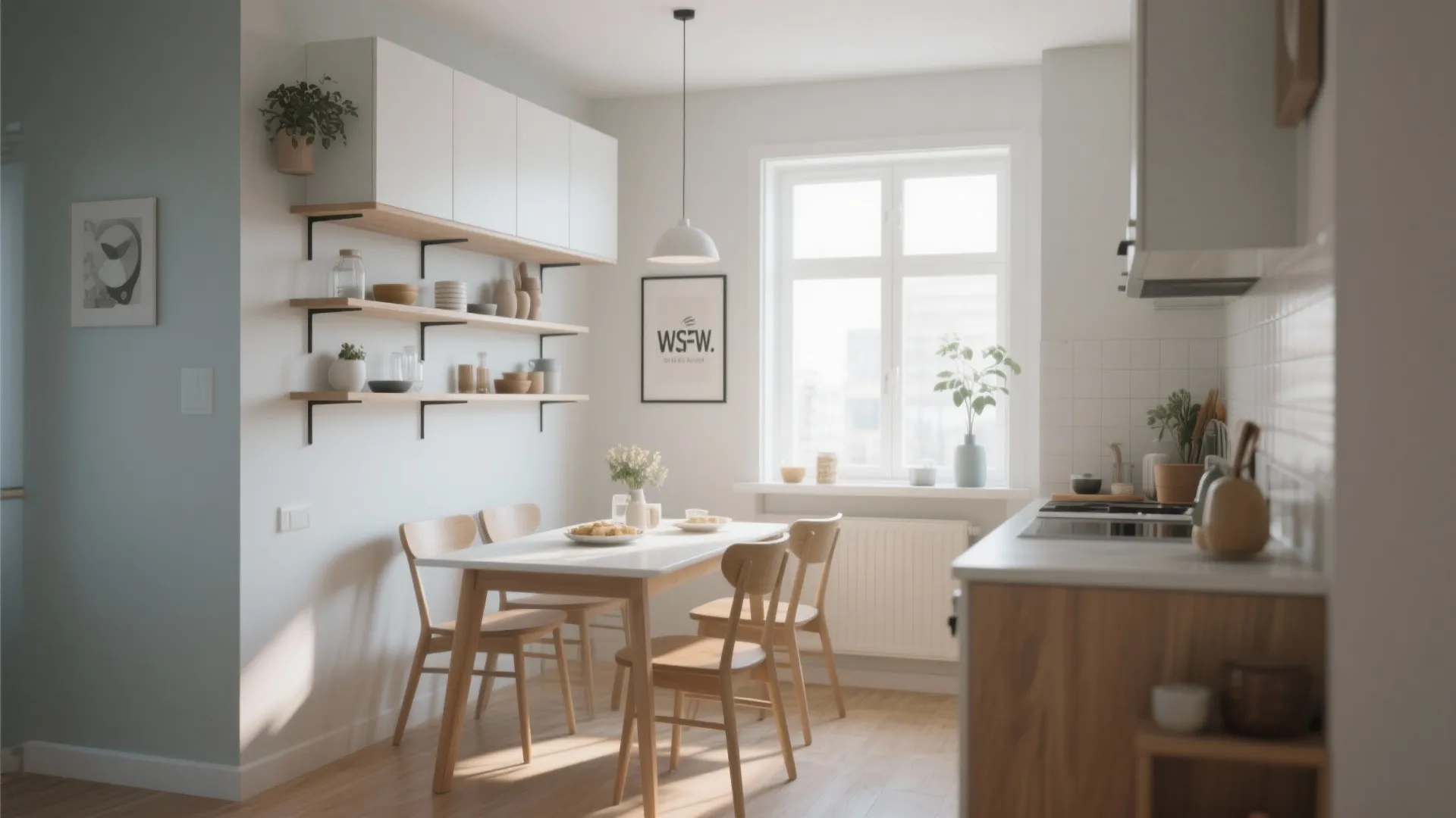 Bright kitchen with white dining table wooden chairs wall shelves white cabinets and large bright window