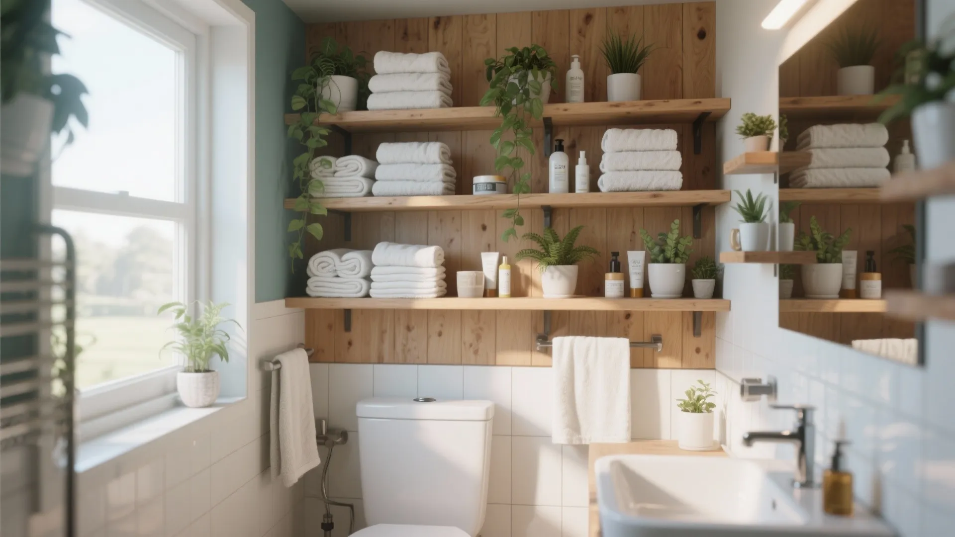Bathroom interior design featuring wooden open shelves with white towels plants and a white toilet