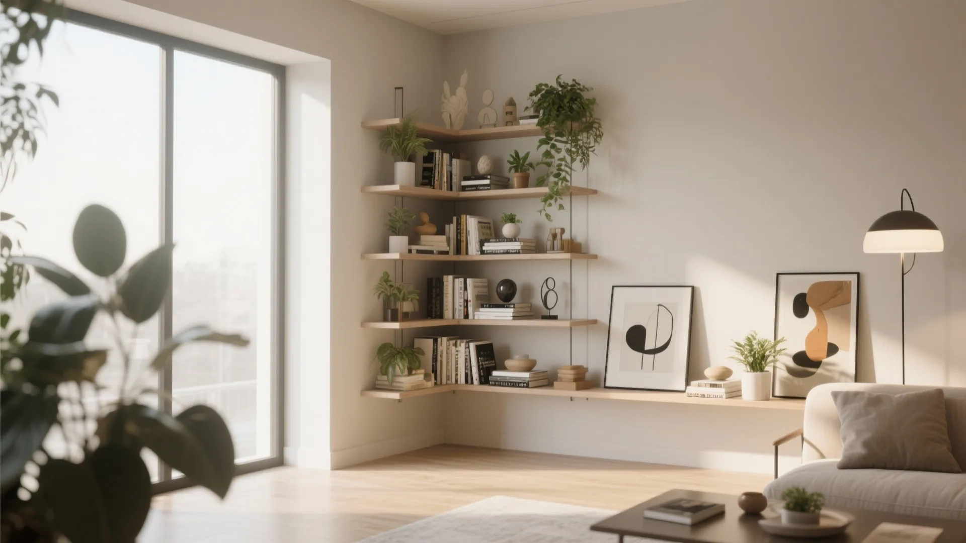 Corner room view showing open wooden wall shelves filled with many books plants and framed art
