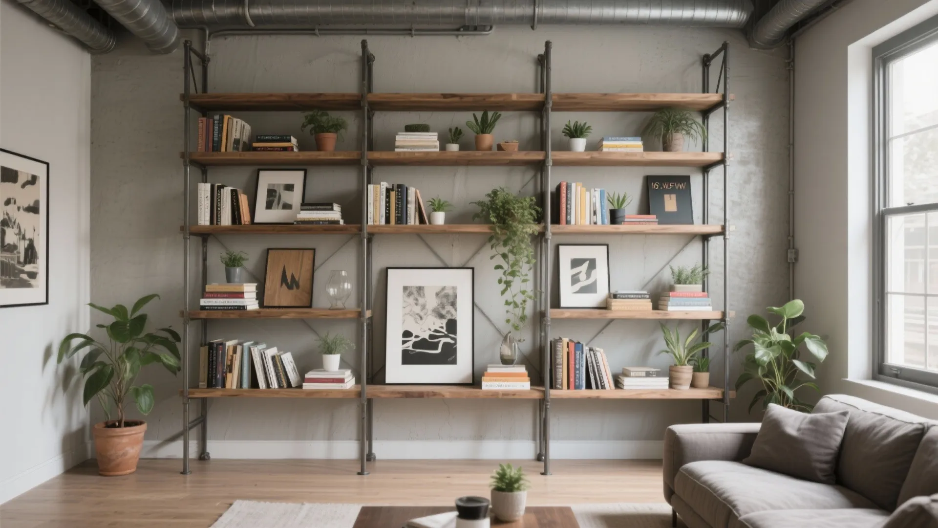 Industrial open wall shelving unit holding books potted plants and framed art in modern apartment
