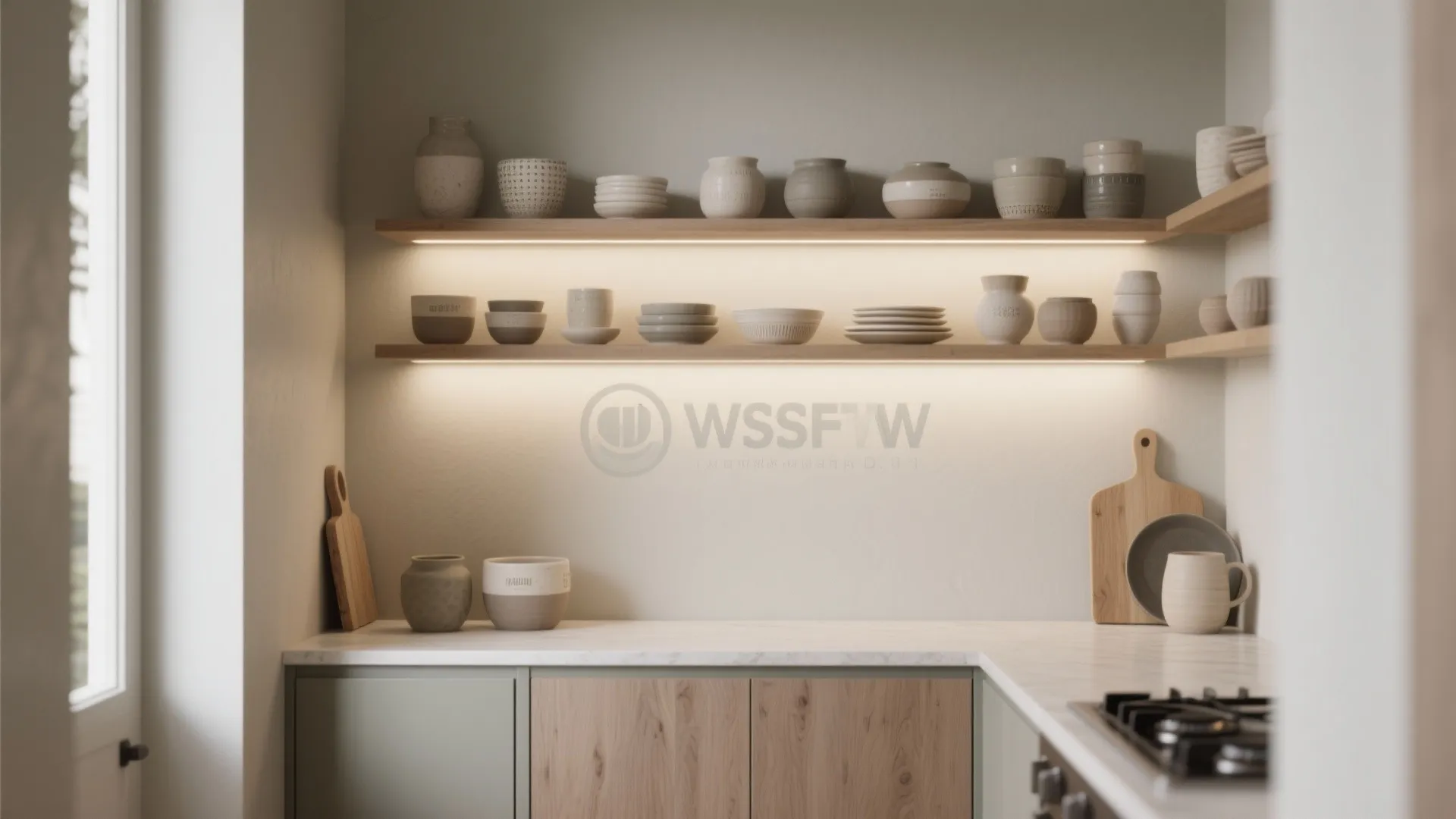Modern kitchen open shelving with ceramic bowls and plates lit by integrated warm light fixtures