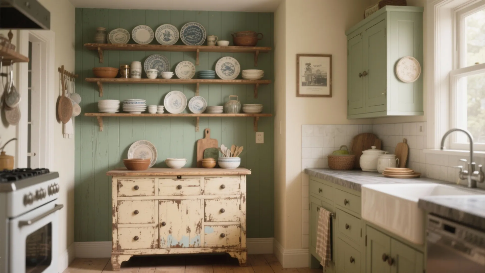 Open shelving and repurposed furniture