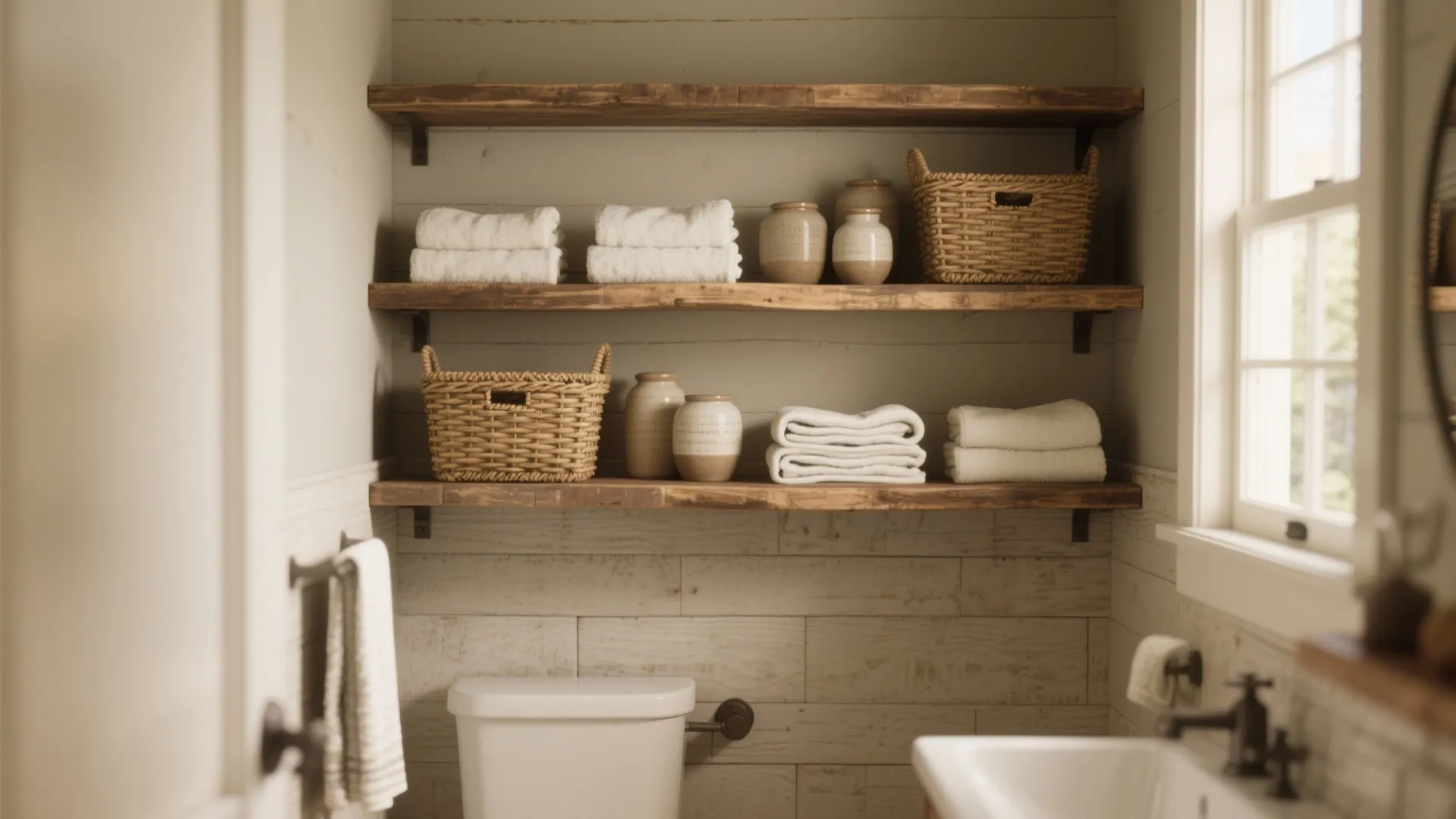 Two rustic wooden shelves with white towels and woven baskets above a white bathroom toilet