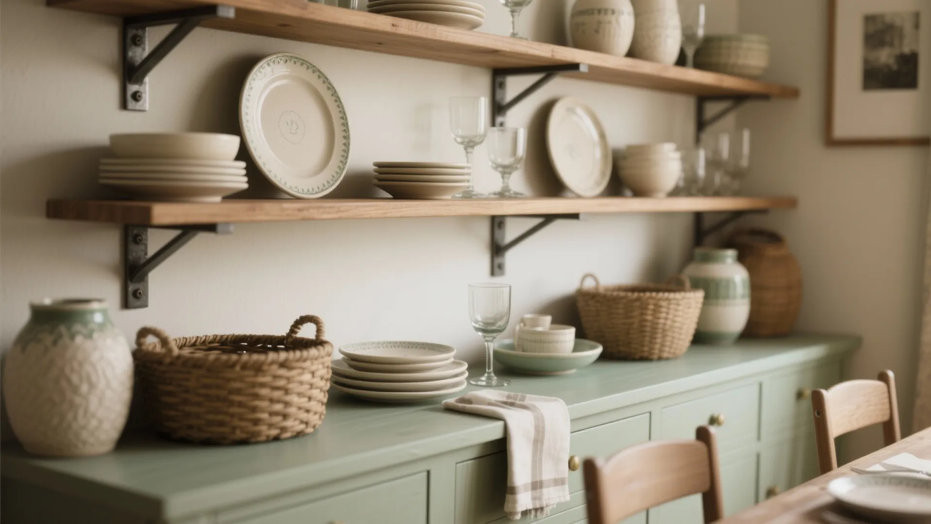 Wooden open shelves with plates and glasses above a green cabinet with woven storage baskets
