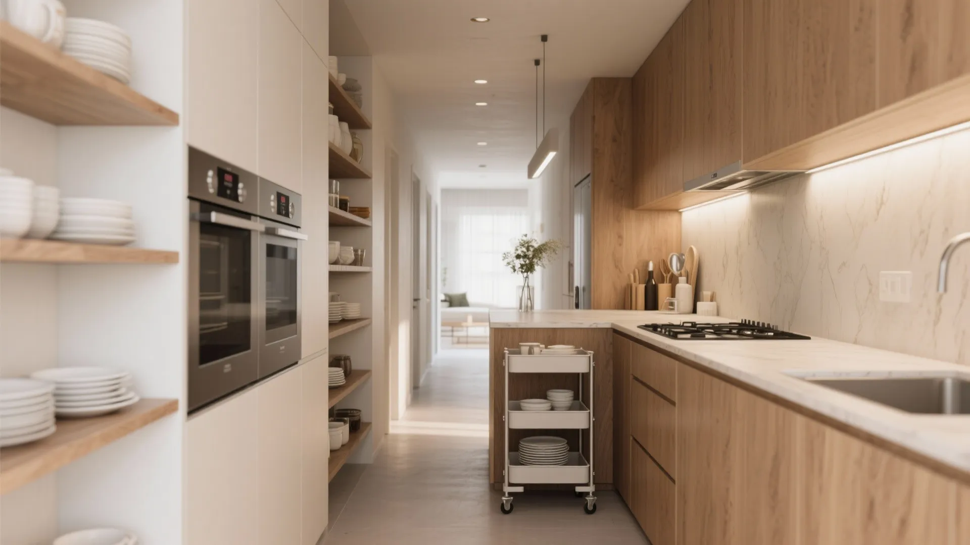 Modern wood kitchen with open shelves white ovens stone countertops and long hallway toward bedroom