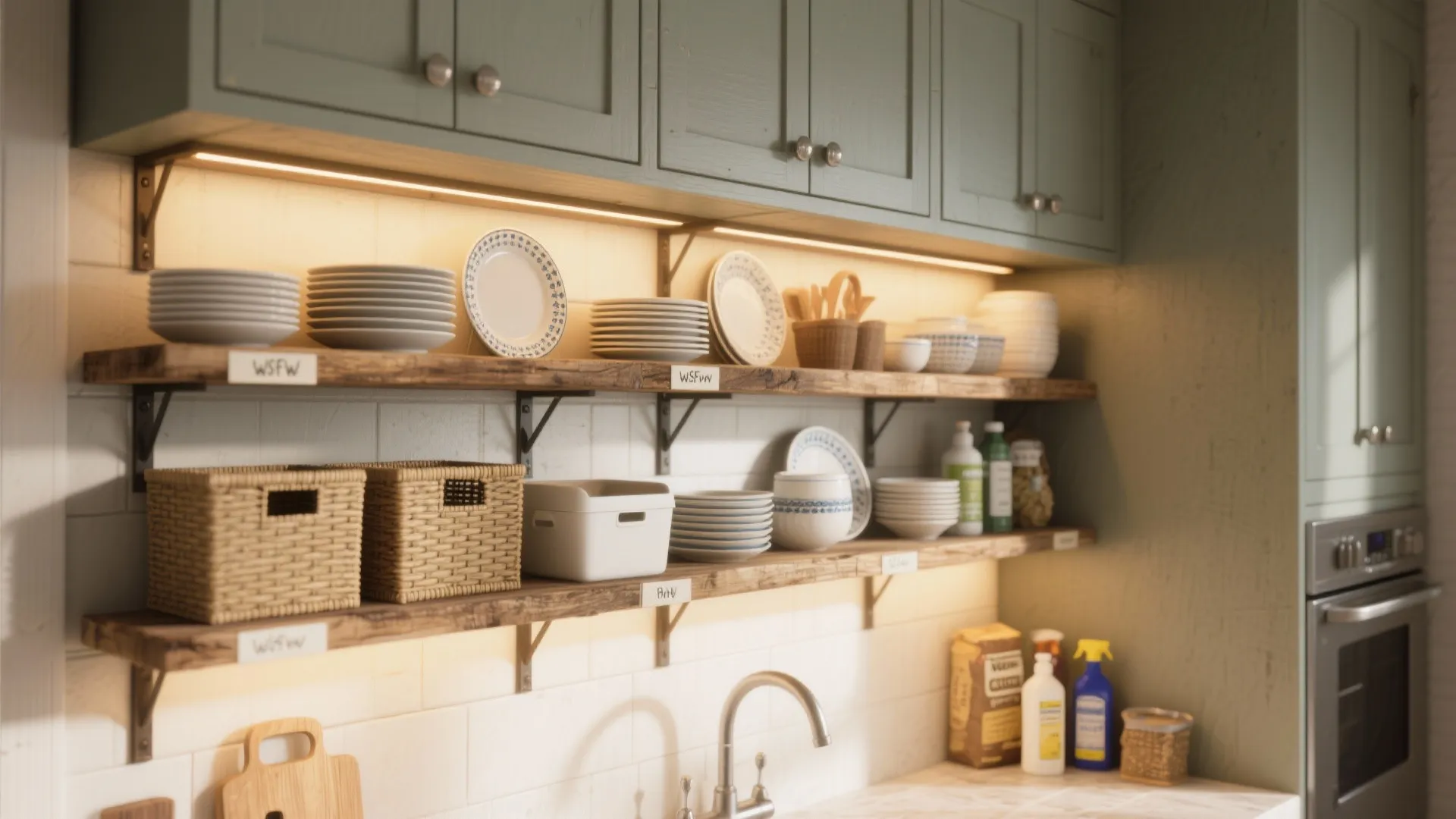 Rustic wooden wall shelves with plates, baskets, and under-shelf lighting in a green kitchen design