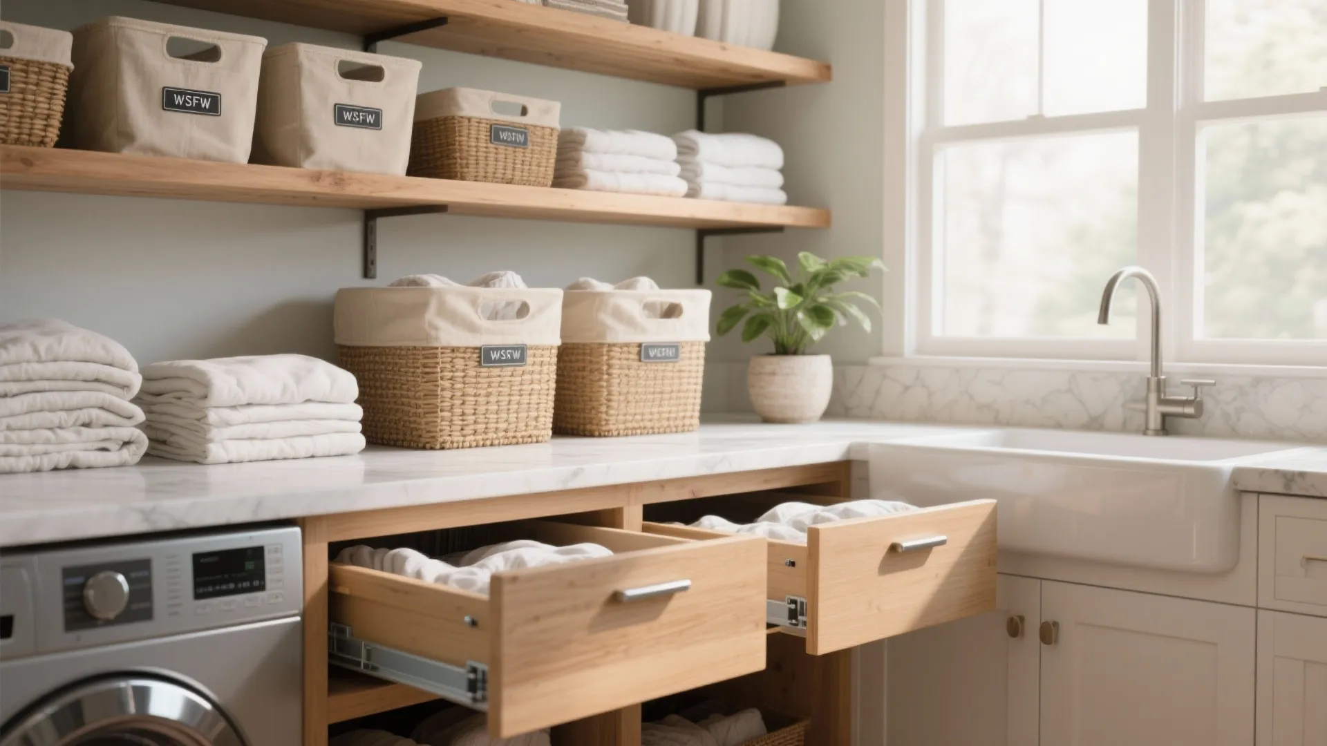 Bright laundry room with open wooden shelves organized with woven baskets and white folded towels