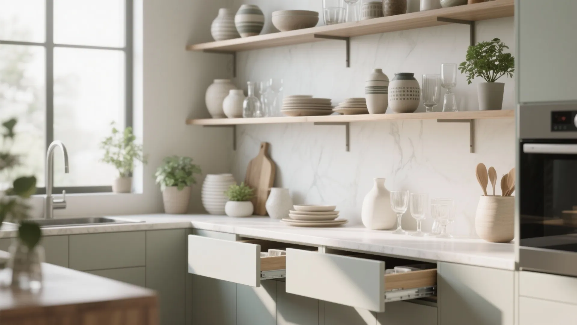 3. Open shelving and hidden storage for lightness