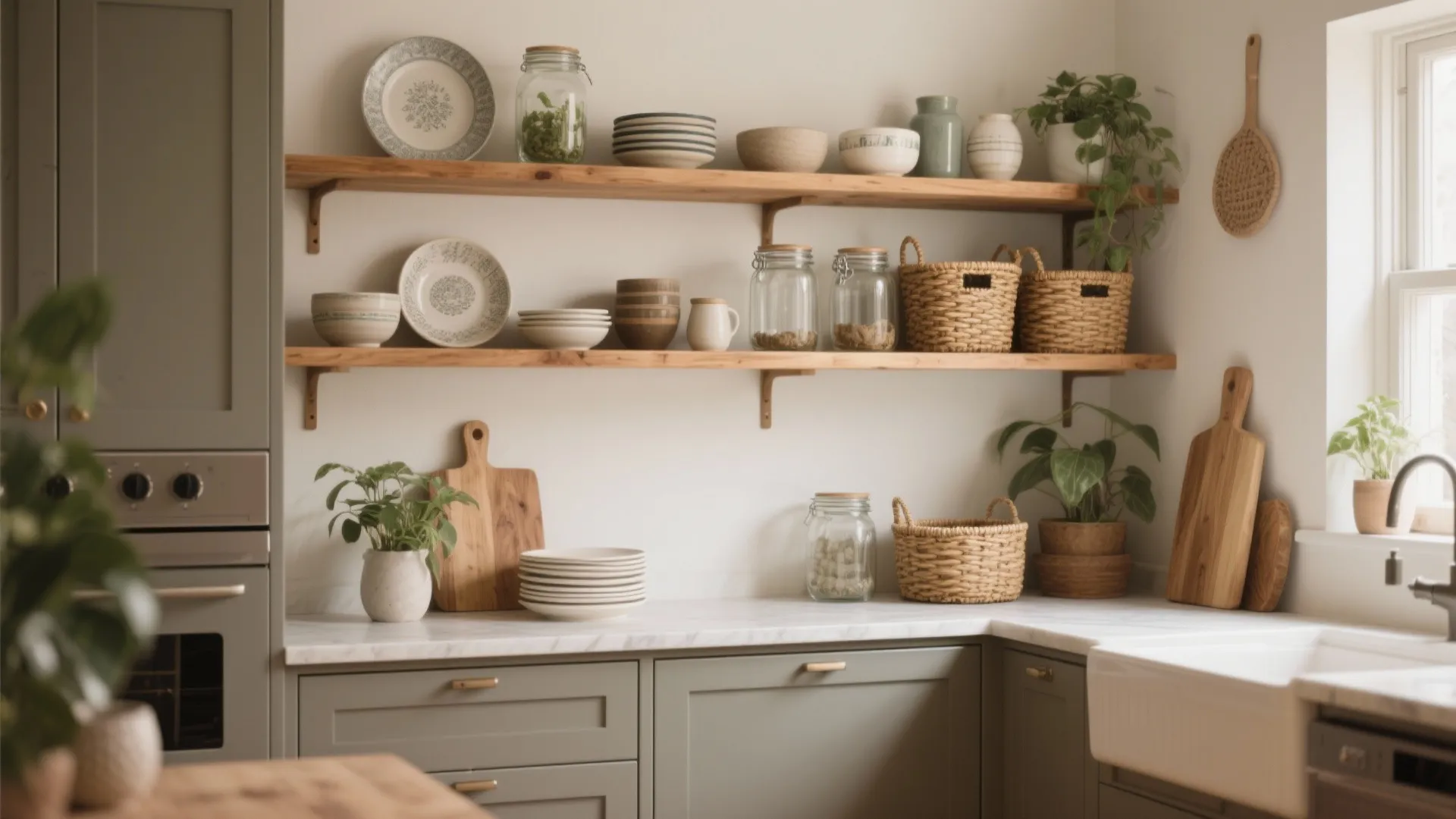 Green kitchen cabinets with wooden open shelves holding ceramic plates bowls jars and green plants