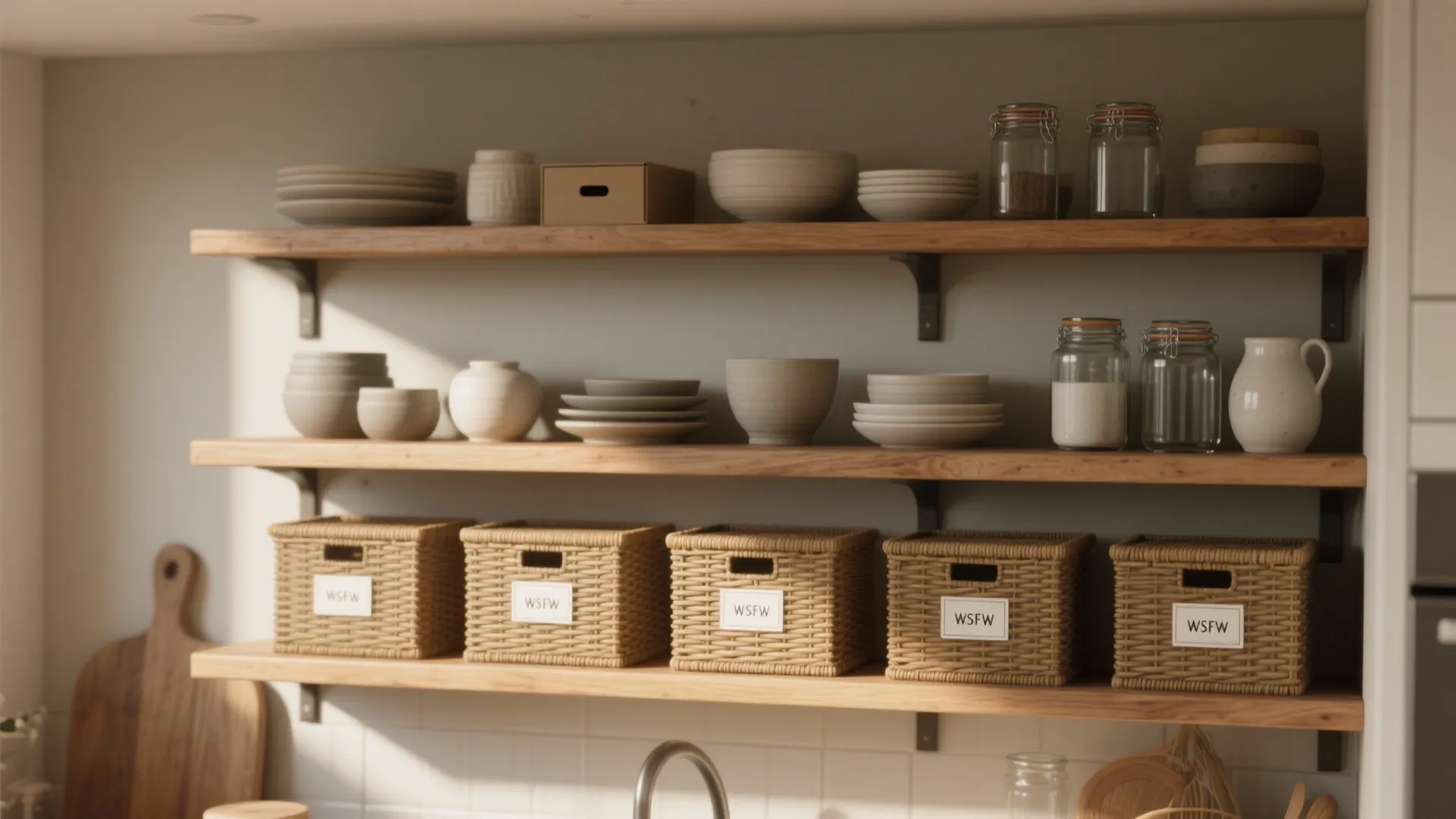 2. Open shelving with interchangeable baskets