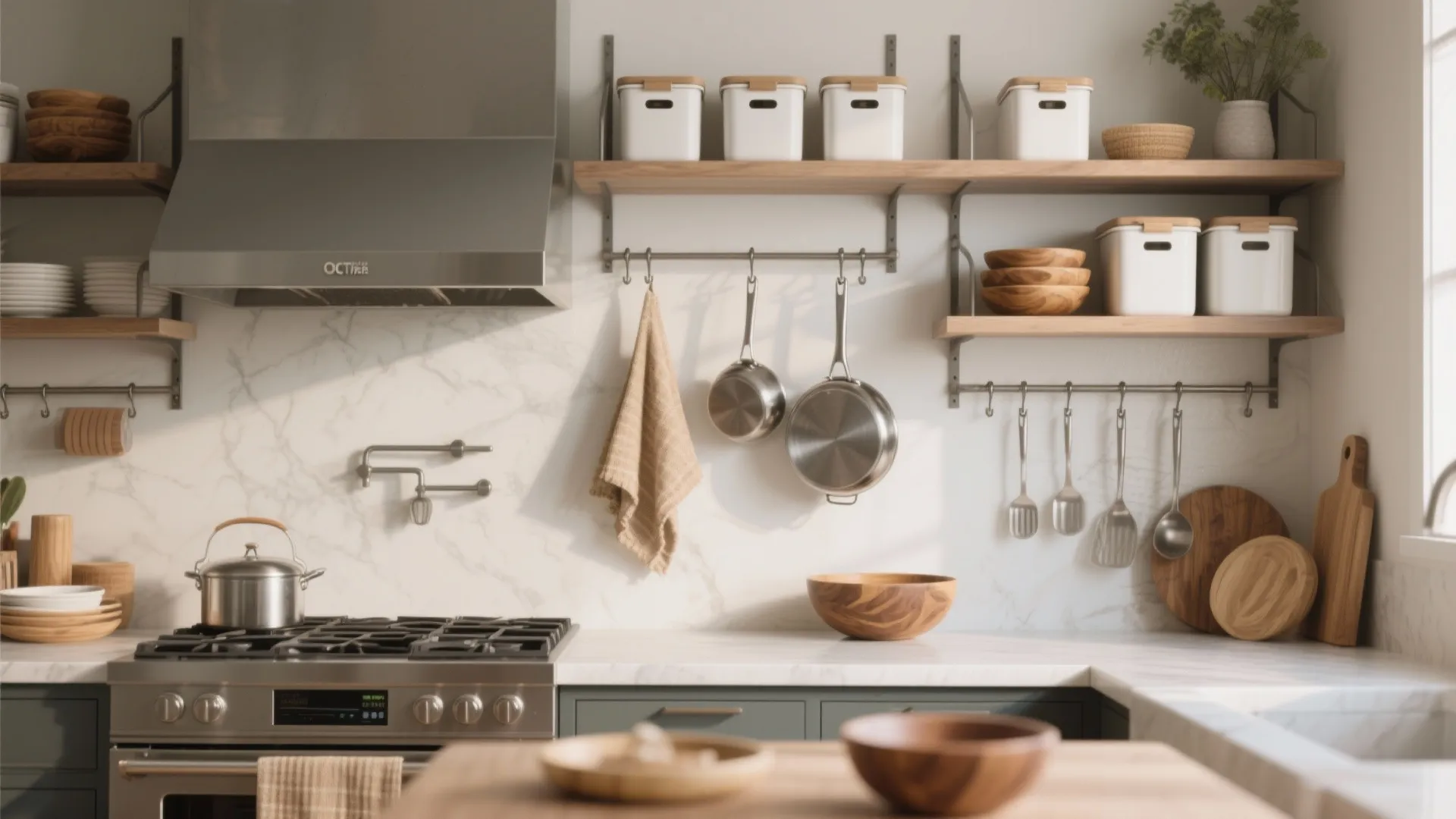 5. Open shelving, hooks, and visible storage (but intelligent editing)