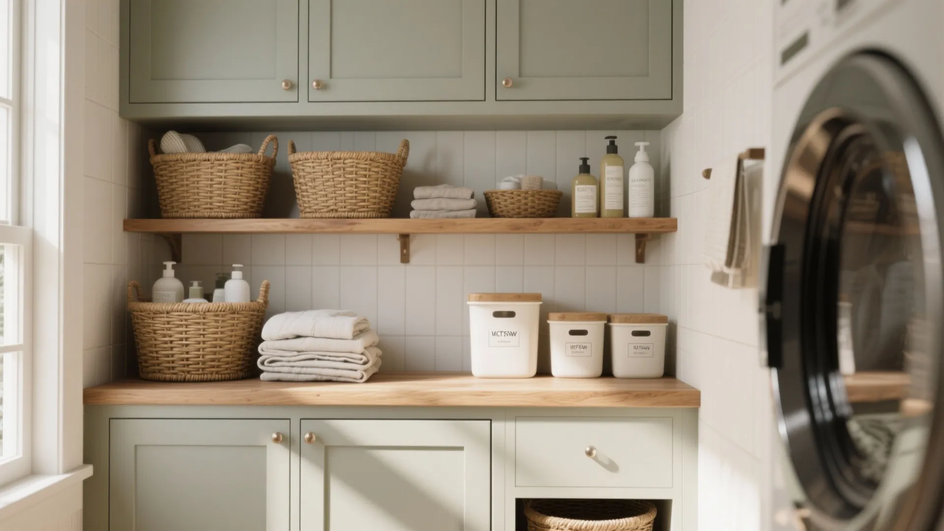 3. Open shelving with enclosed lower cabinets