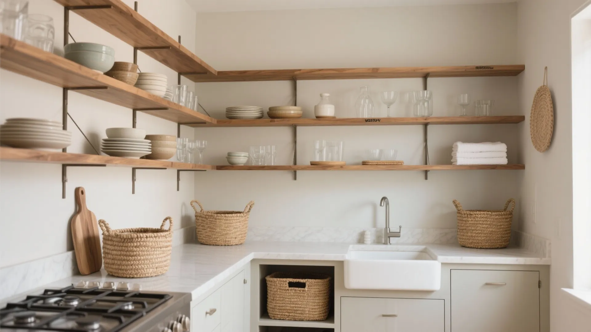 L-shaped kitchen with wooden wall shelves holding dishes above a white sink and marble counter