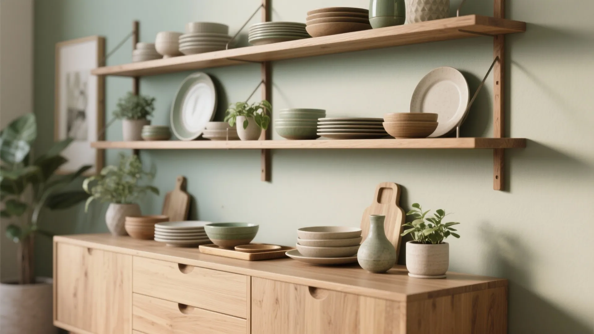 Wooden wall shelves and cabinet displaying ceramic plates bowls green plants and kitchen interior items