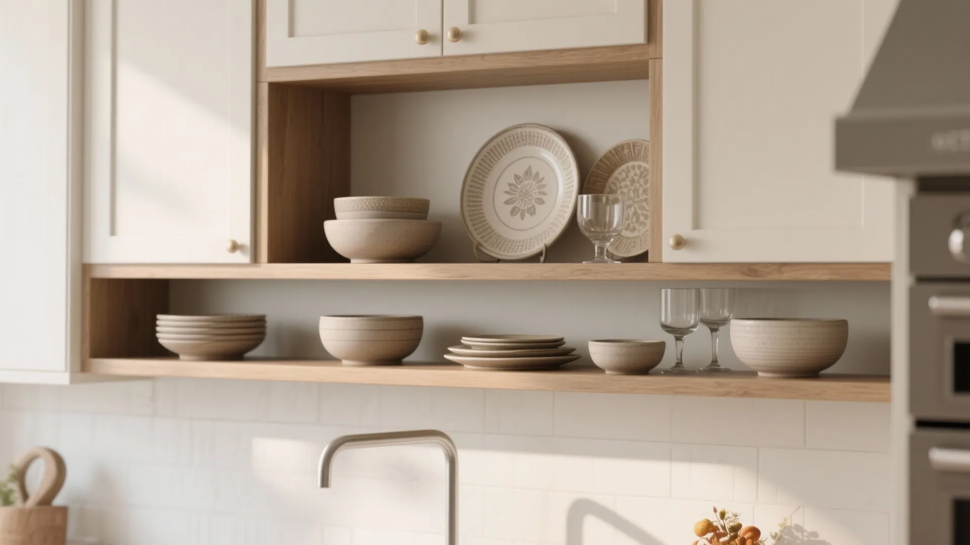 Modern kitchen open wood shelves displaying ceramic plates bowls and glass cups with white cabinets